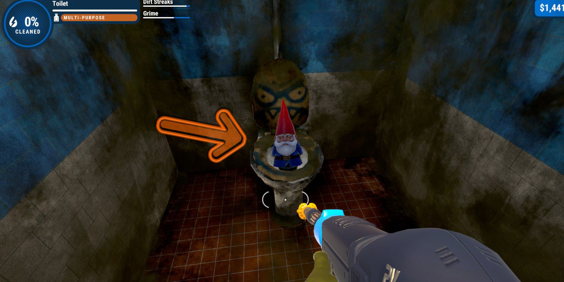 A garden gnome inside of a dirty, graffiti covered toilet, highlighted by an arrow.