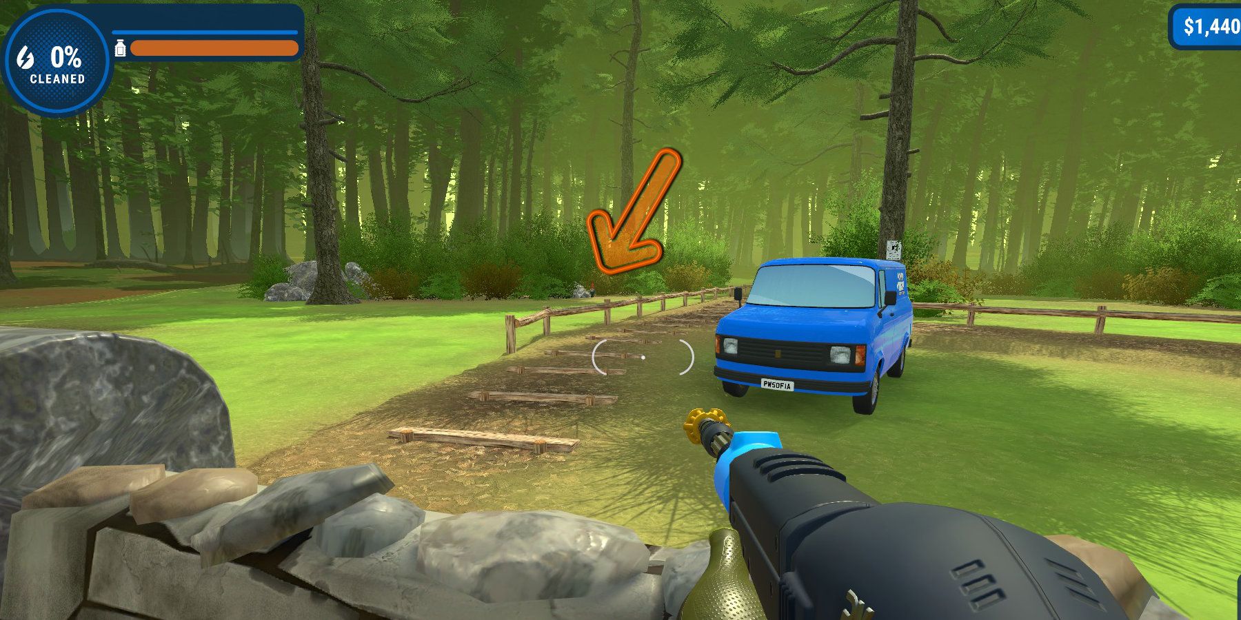 A garden gnome hiding in some bushes in the distance of a forest, highlighted by an arrow.