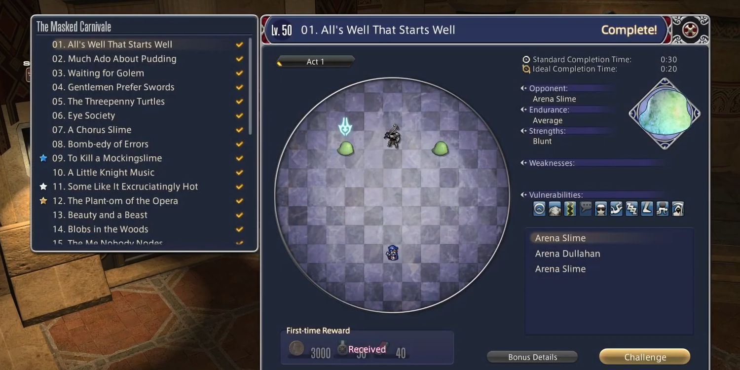 A screenshot of the Masked Carnival activity available to Blue Mages in Final Fantasy 14