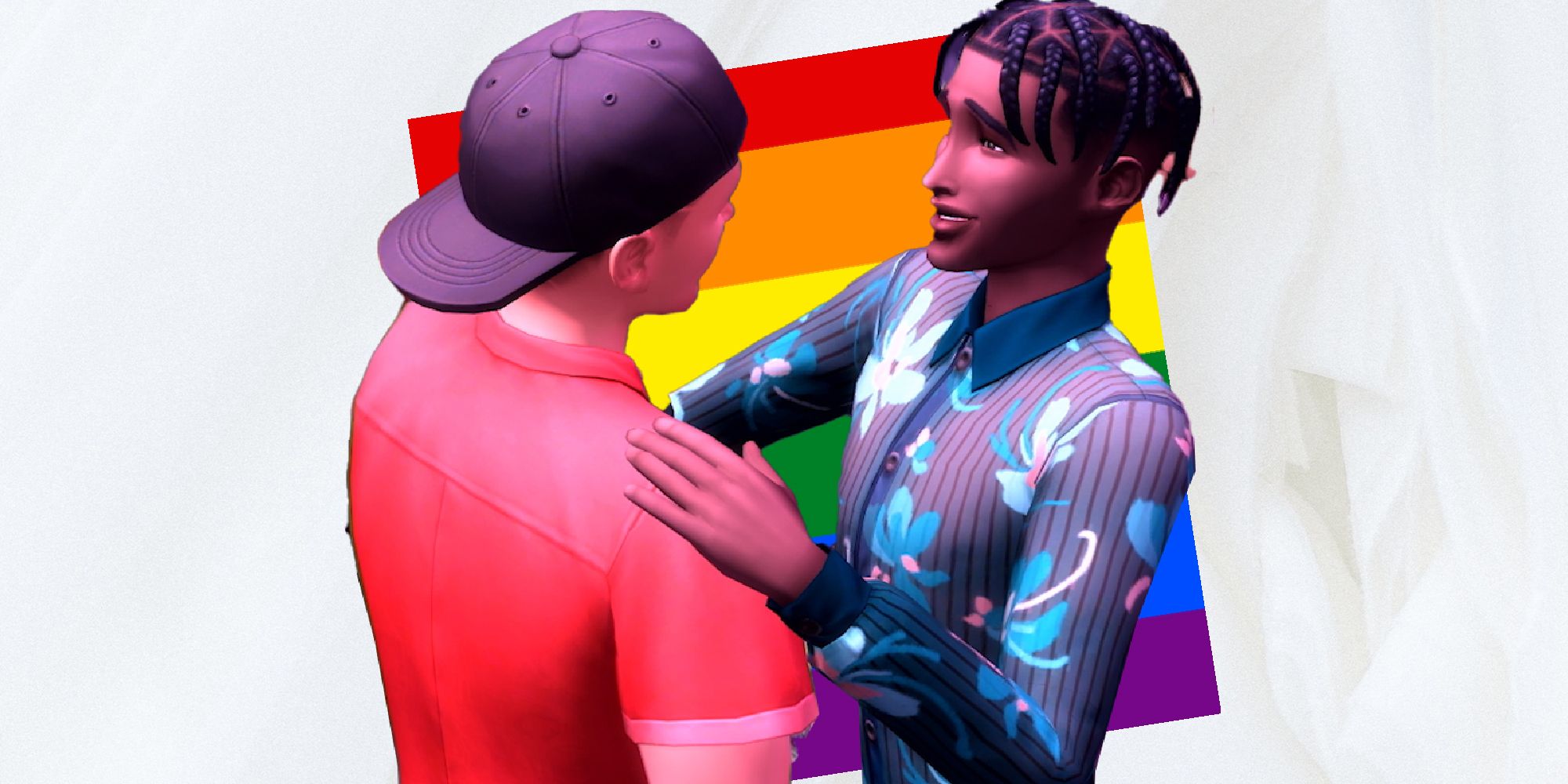 Two male sims dancing in front of a pride flag.