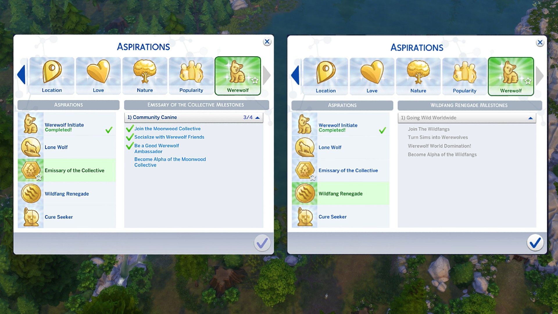 The two branches of the Werewolf Aspiration for both packs in The Sims 4 Werewolves