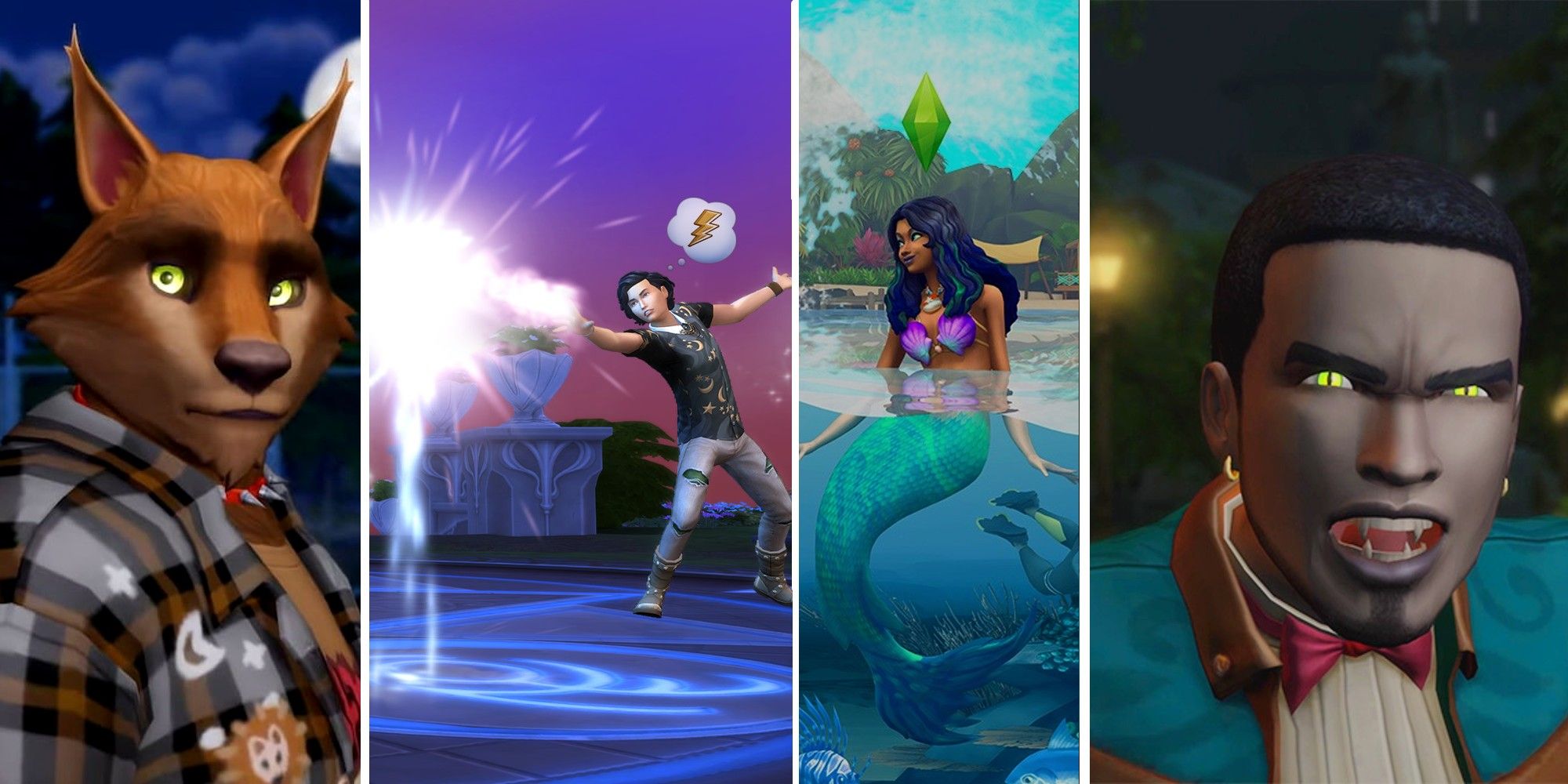 A werewolf, spellcaster, mermaid, and vampire from The Sims 4