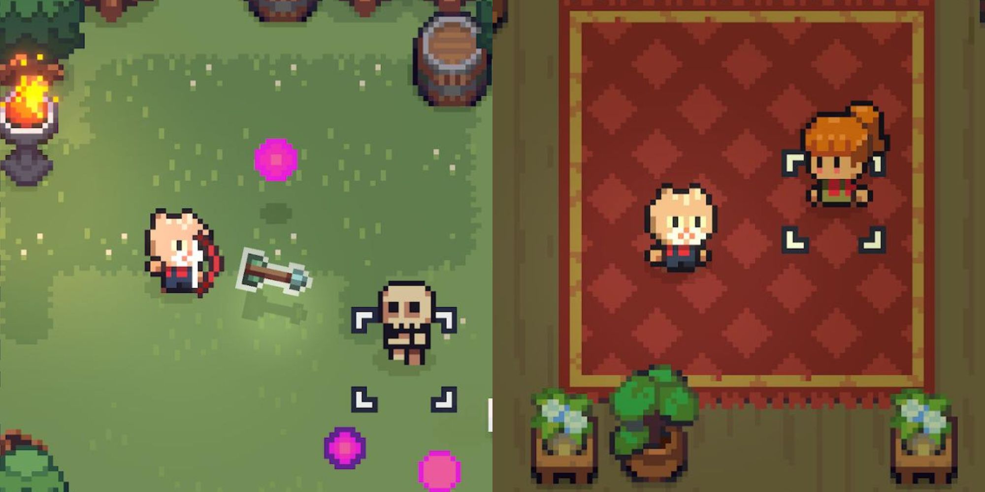 Cheese throwing an arrow to the skeleton soldier (left) and Cheese talking to a girl (right) (via The Way Home: Pixel Roguelike)
