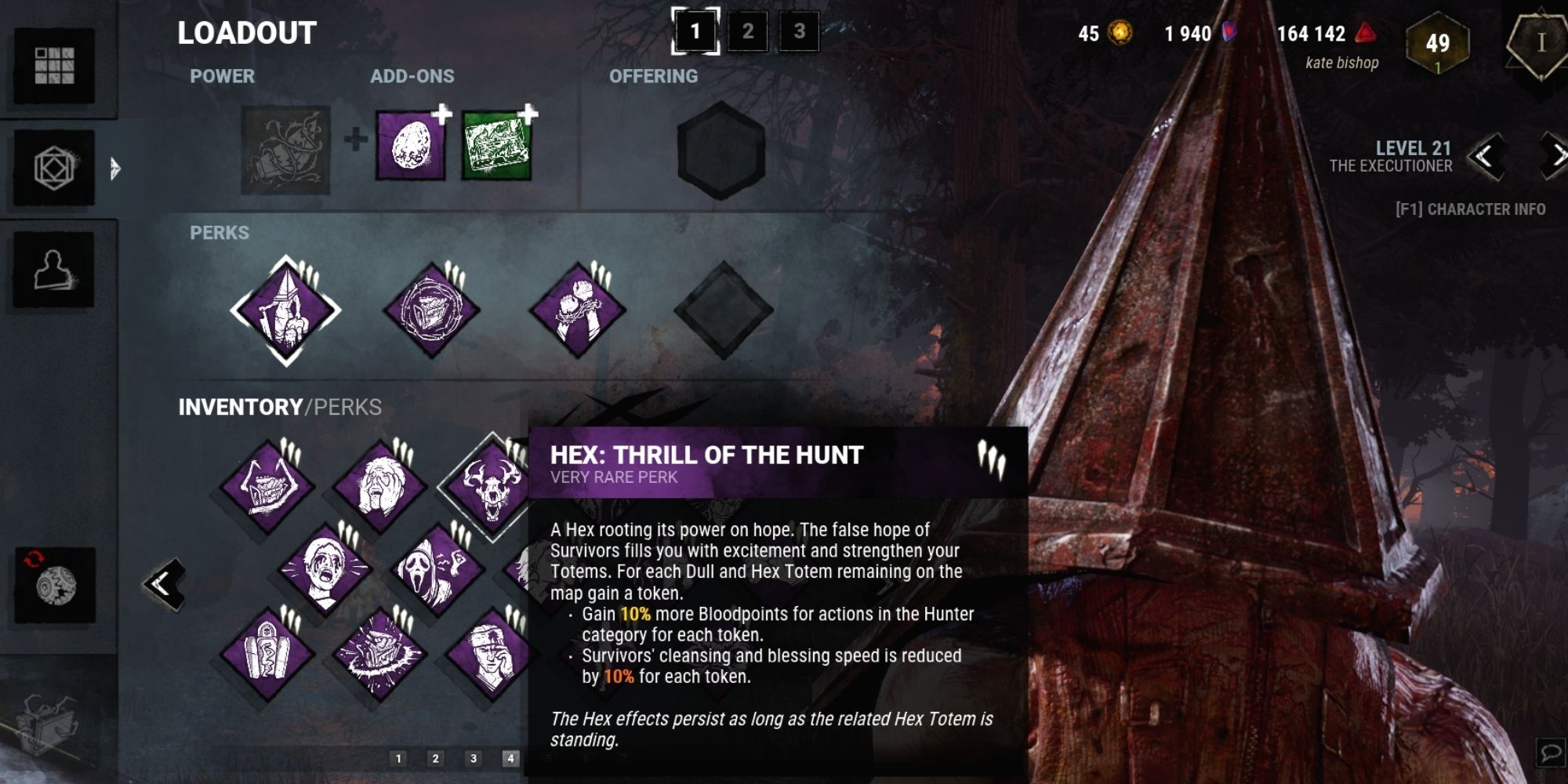Dead By Daylight, Hex Thrill of the Hunt perk.