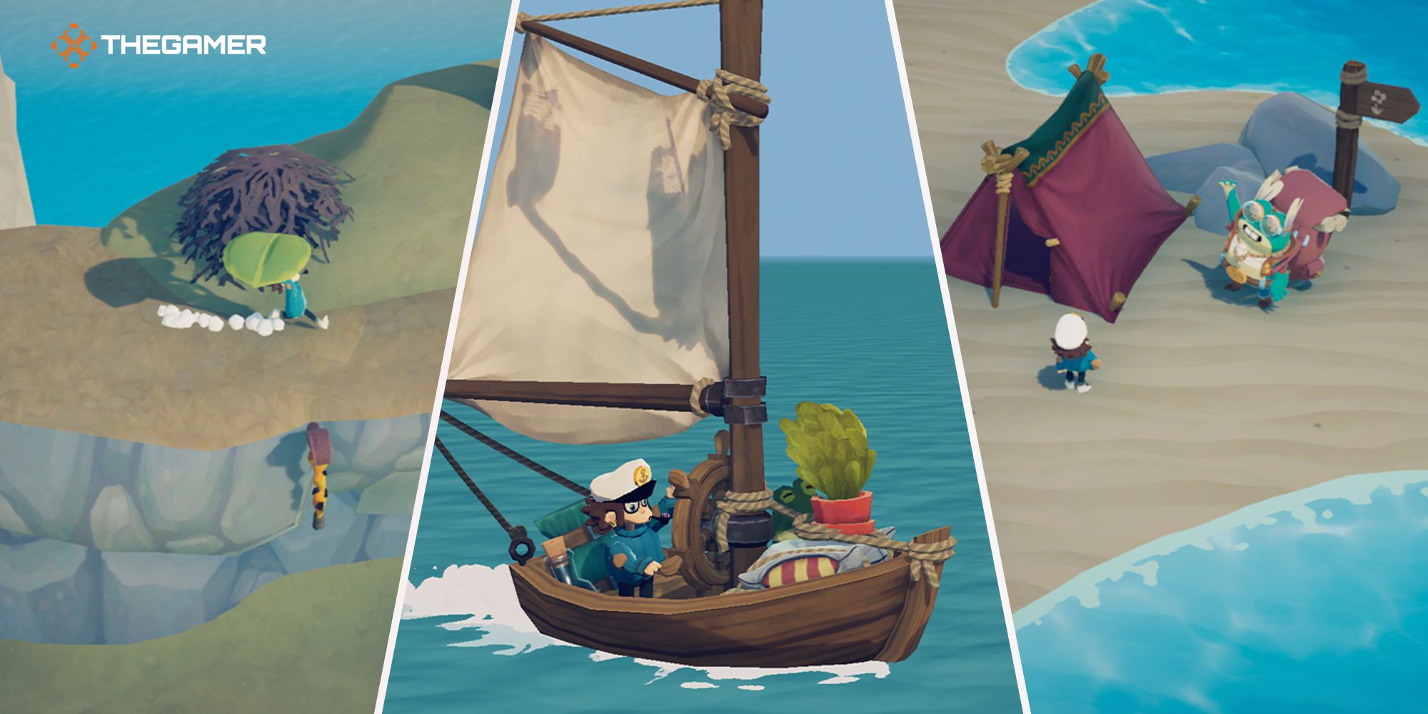 Time on Frog Island collage of the player running with a leaf on their boat and with the cartographer
