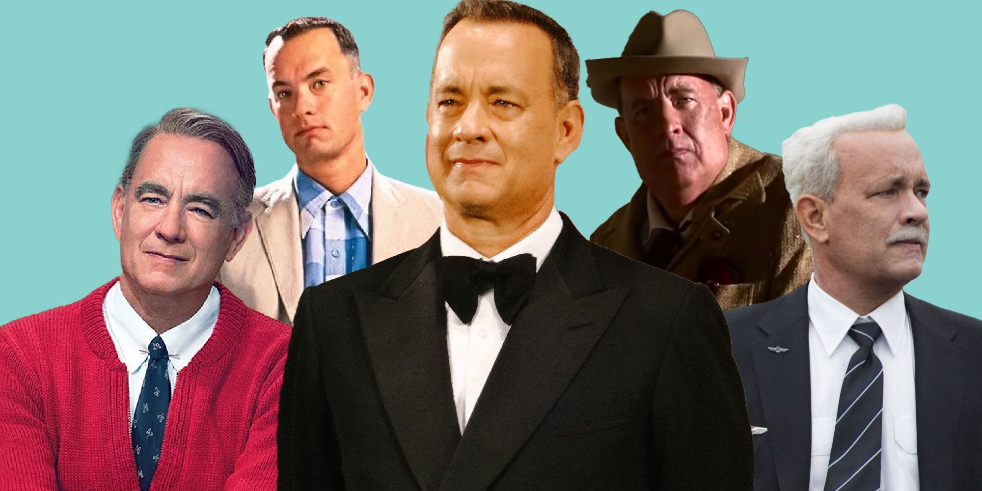 Tom Hanks in A Beautiful Day in the Neighborhood, Forrest Gump, Elvis, and Sully, with IRL Tom Hanks
