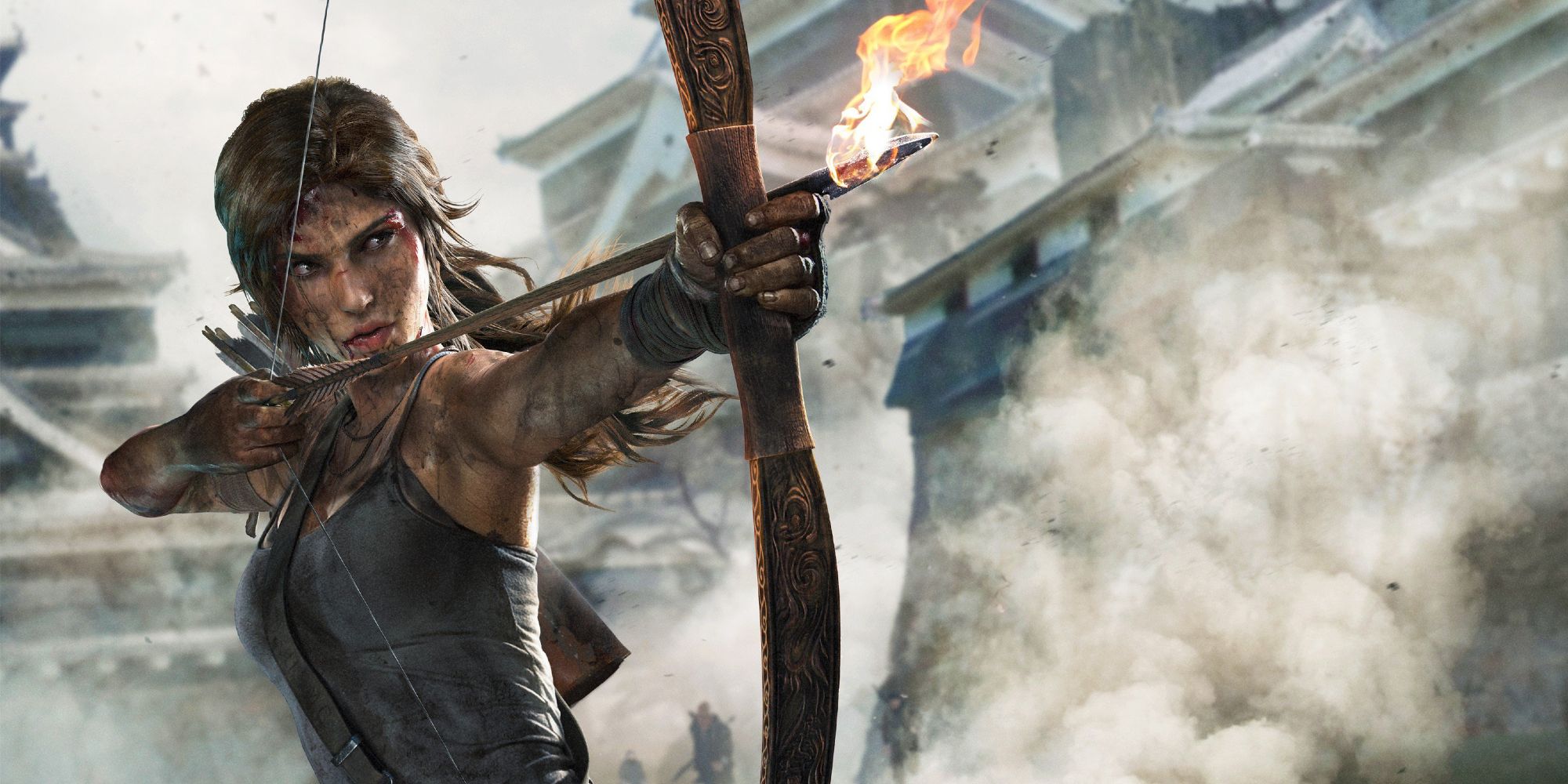 Lara Croft aiming a bow and arrow.