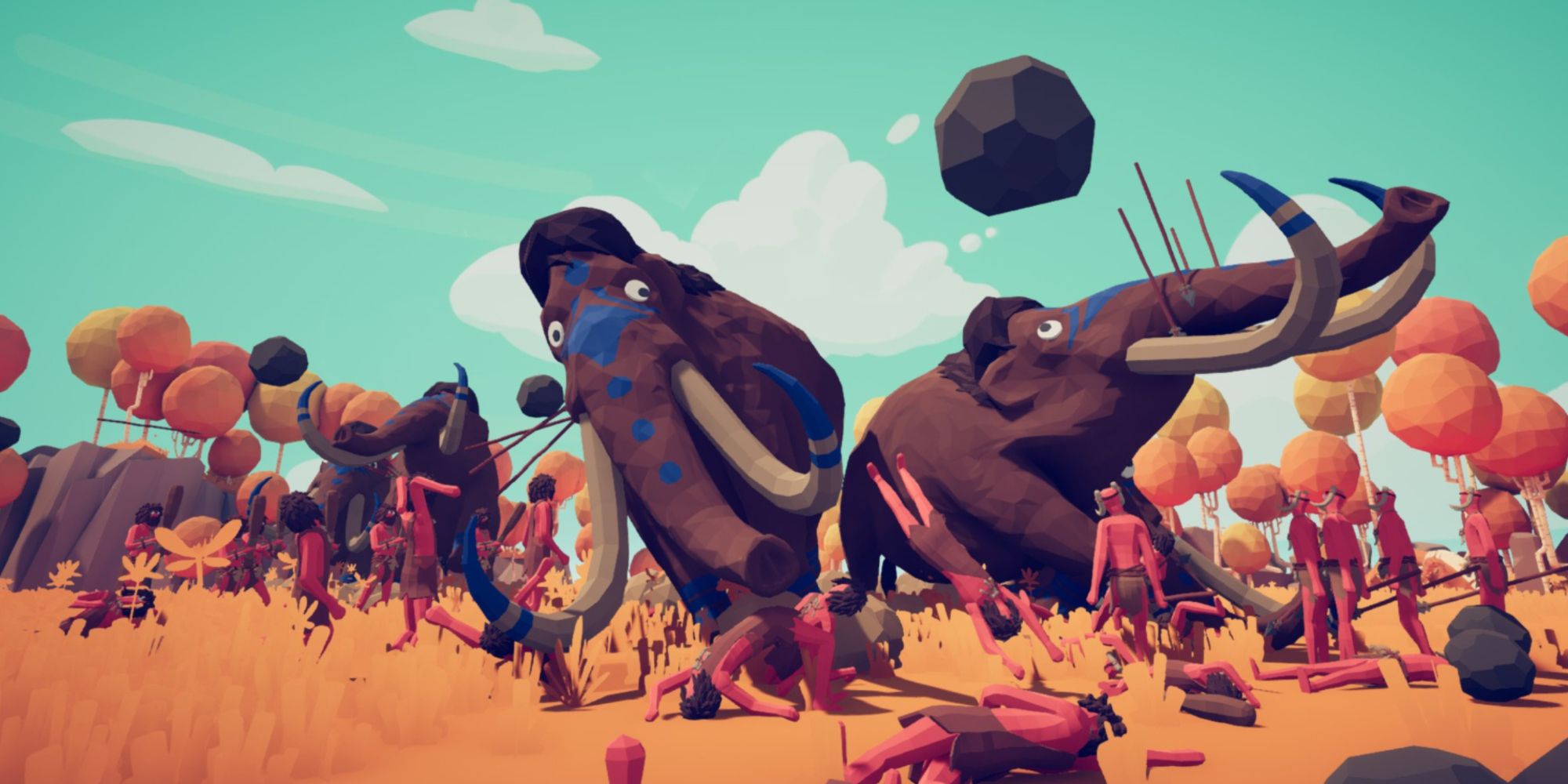 Two giant mammoths wreaking havoc to soldiers in Totally Accurate Battle Simulator