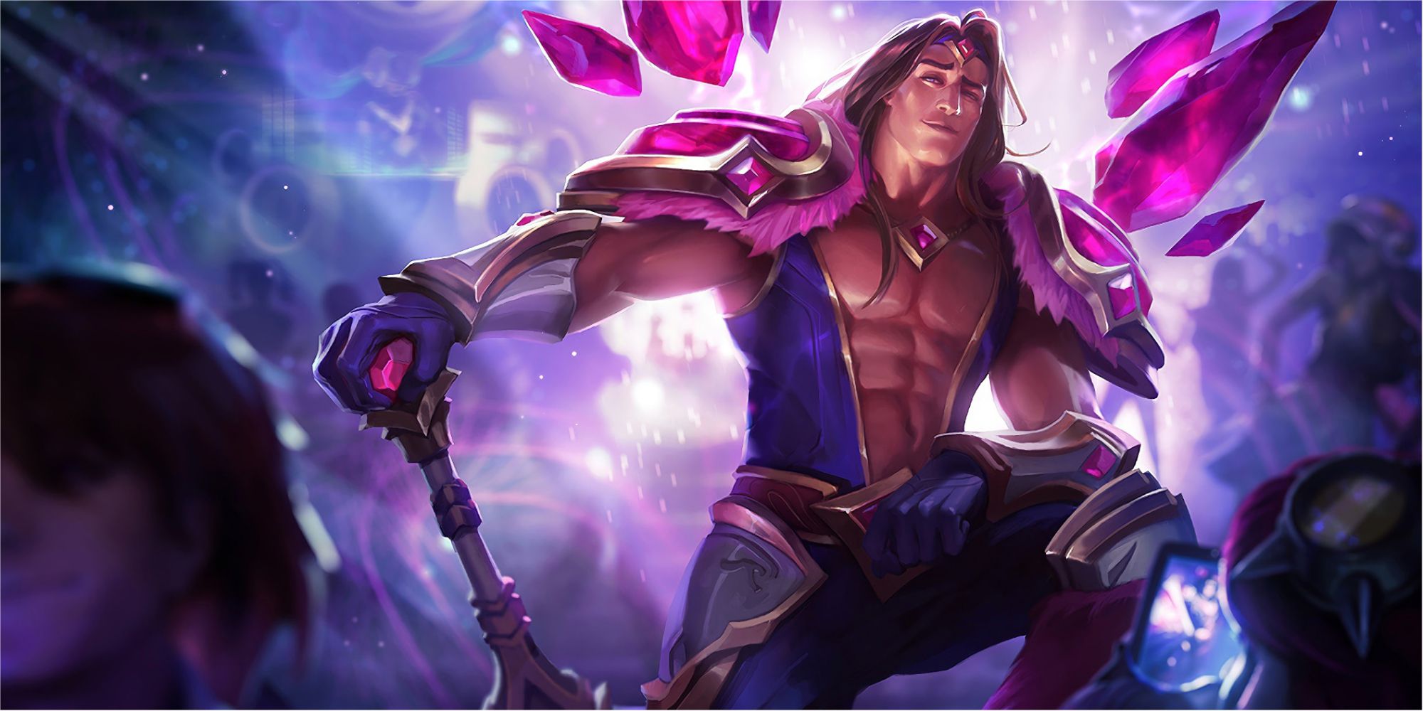 Armor of the Fifth Age Taric in all his majestic, outrageous beauty gazing off at someone as he holds his mallet 