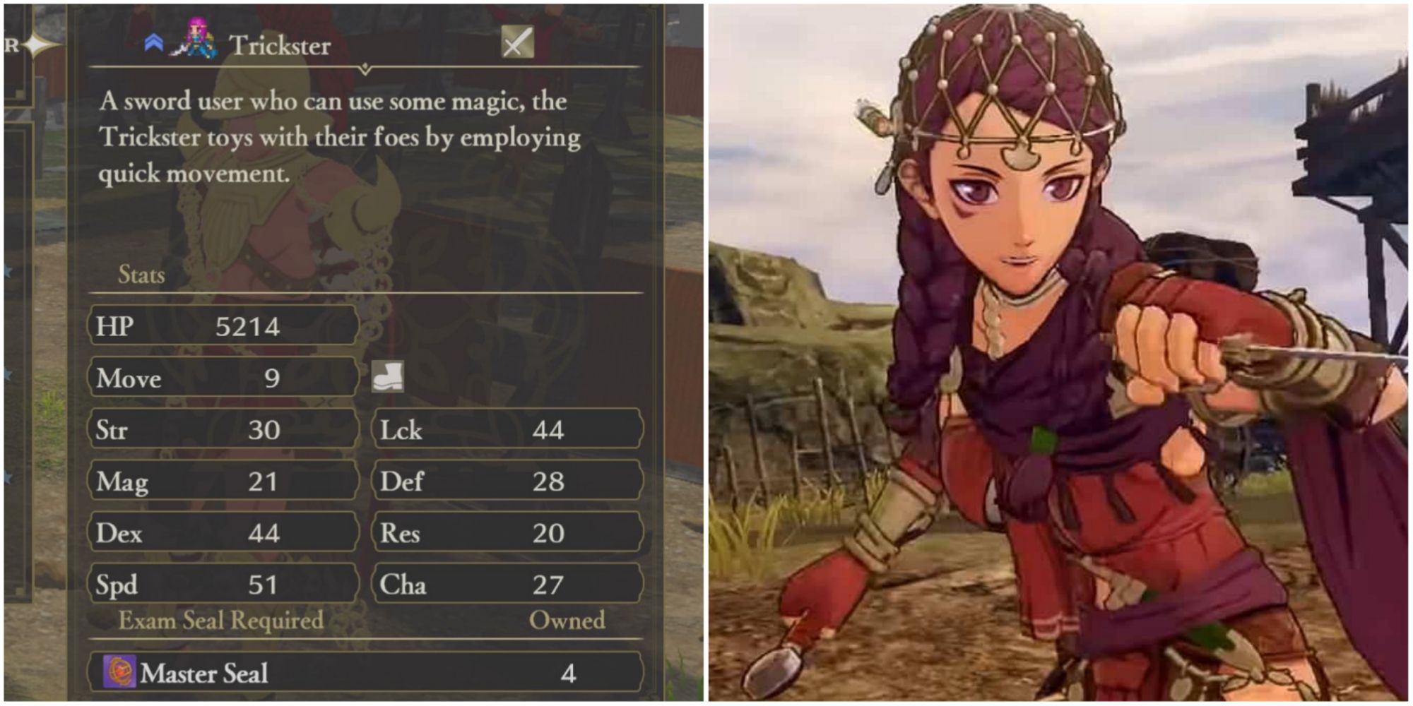 Split image of Trickster stats menu and Petra wielding two swords