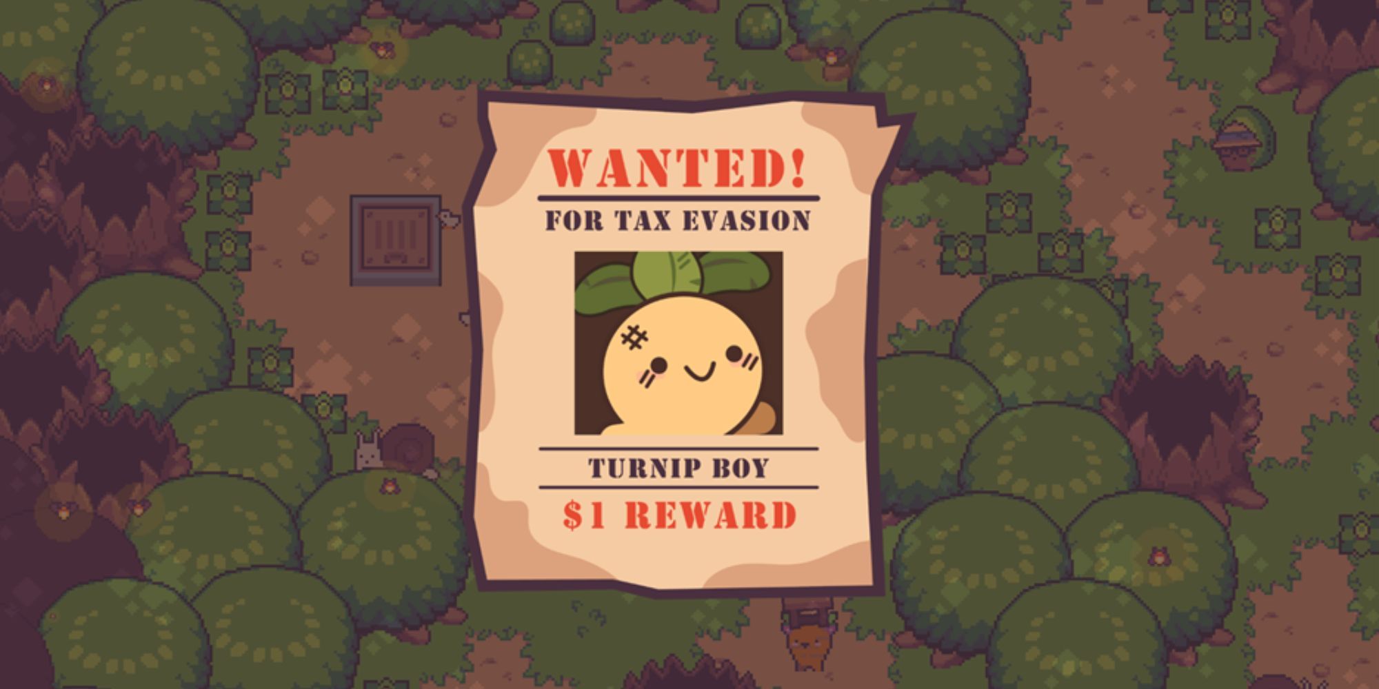 A wanted poster for Turnip Boy floats over a jungle