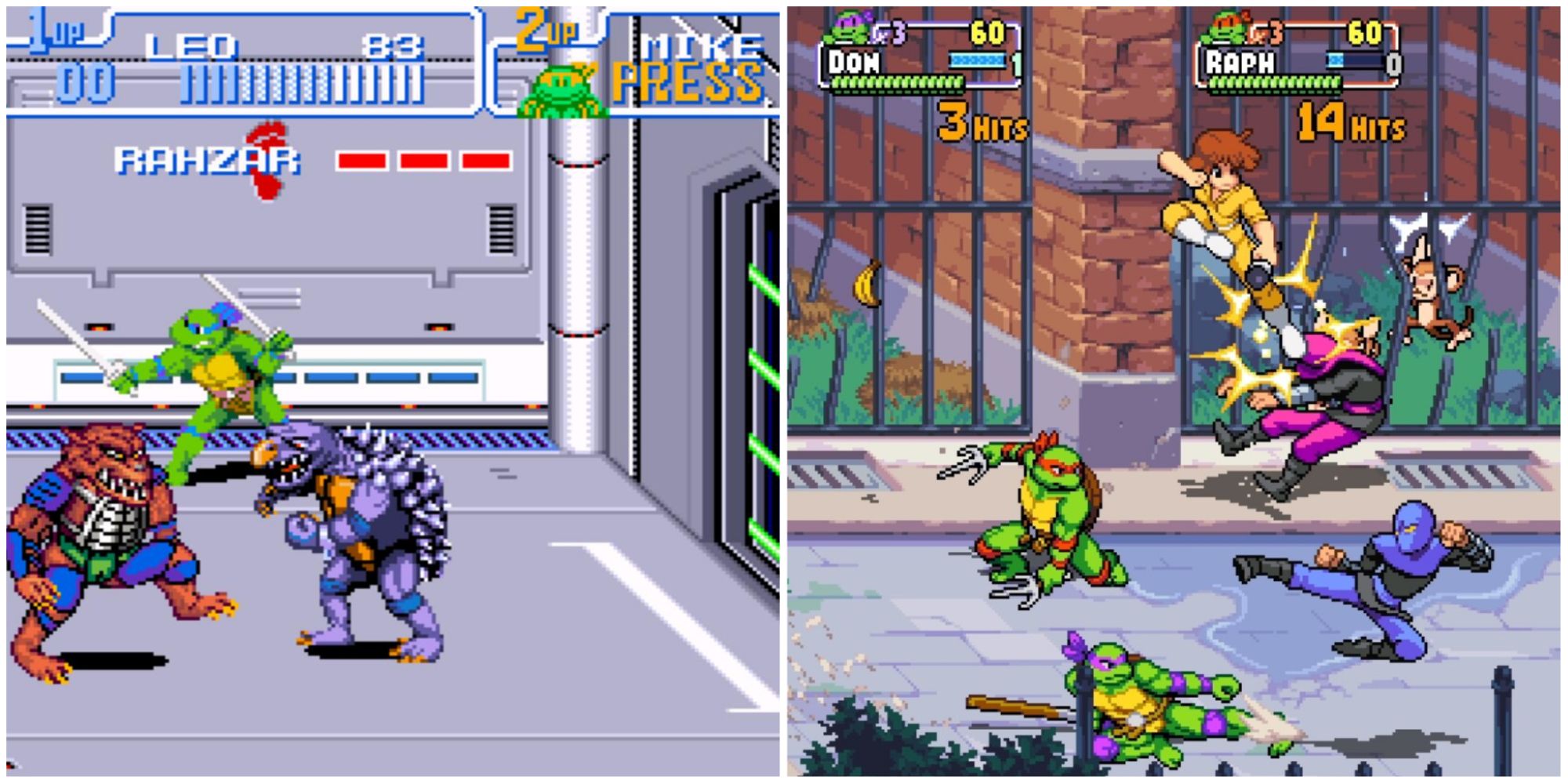 split image of Turtles in Time Rahzar and Shredder's Revenge Turtles and April fighting gameplay