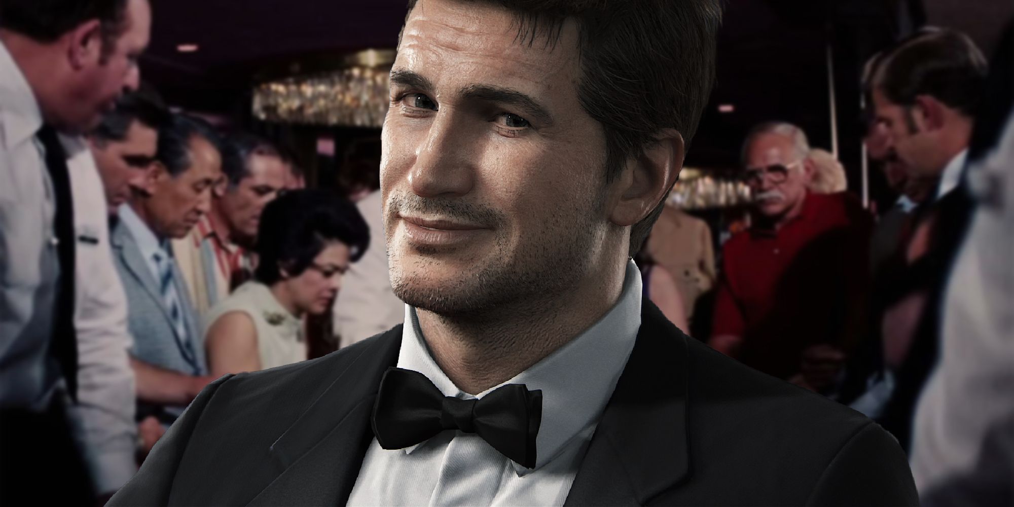 Uncharted James Bond - nathan drake in a tuxedo smiling wryly at the camera