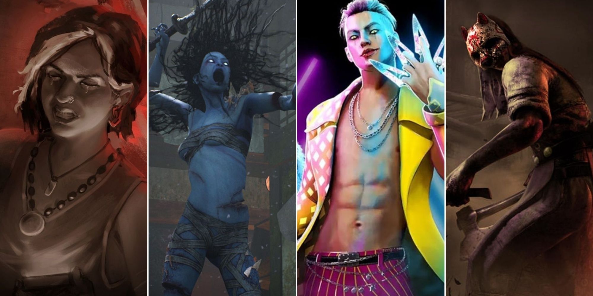 Dead By Daylight split image. Haddie, The Spirit, The Trickster, The Huntress.