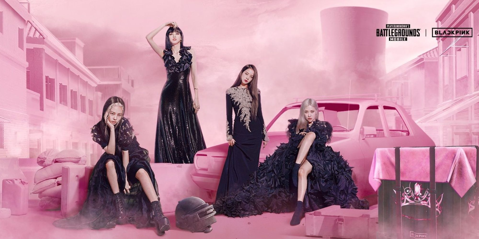 Blackpink pubg collab banner showing all the members of the group in black dresses and a pink background