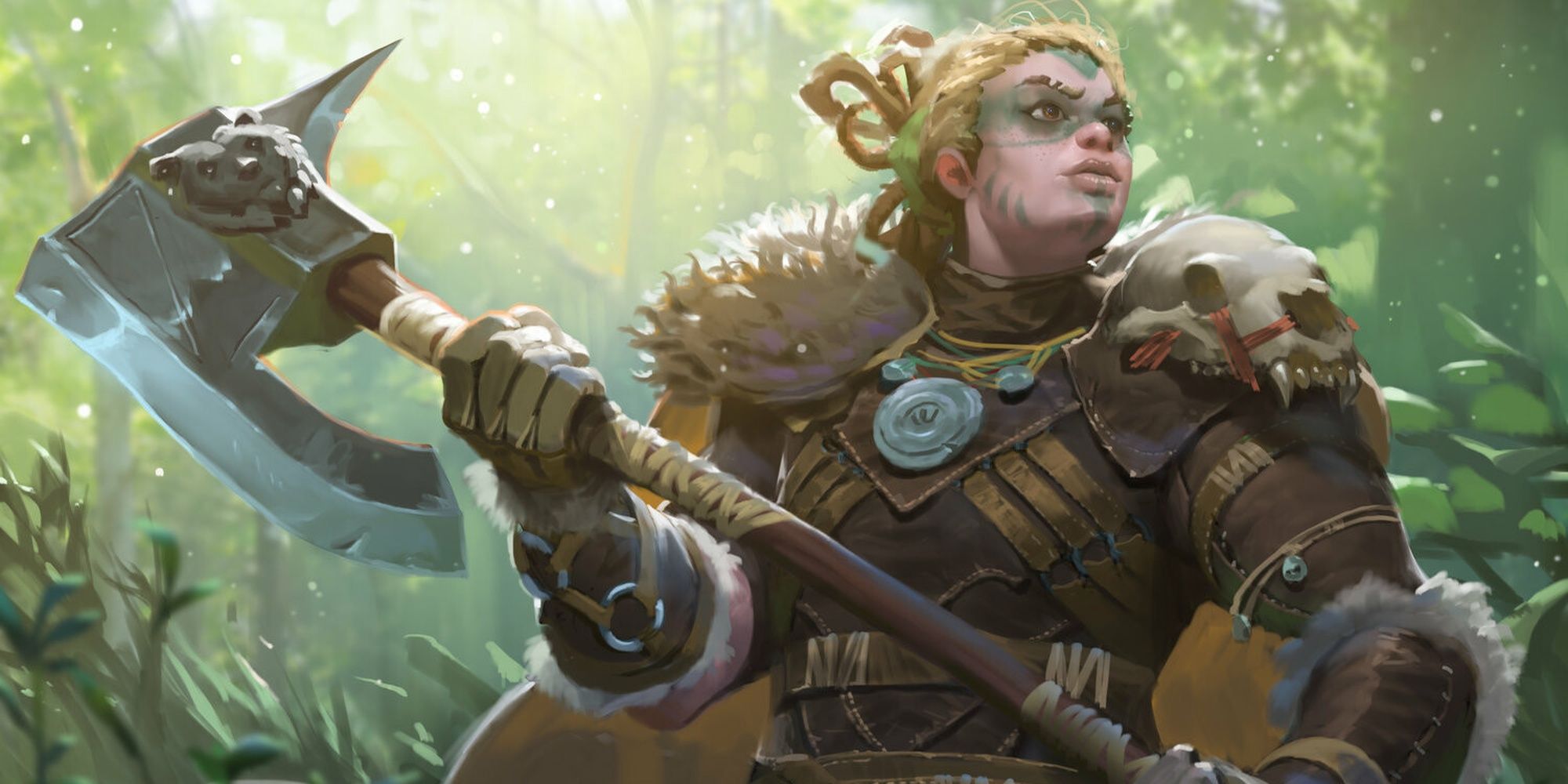 A barbarian holding her great axe, from Magic: The Gathering (MTG)