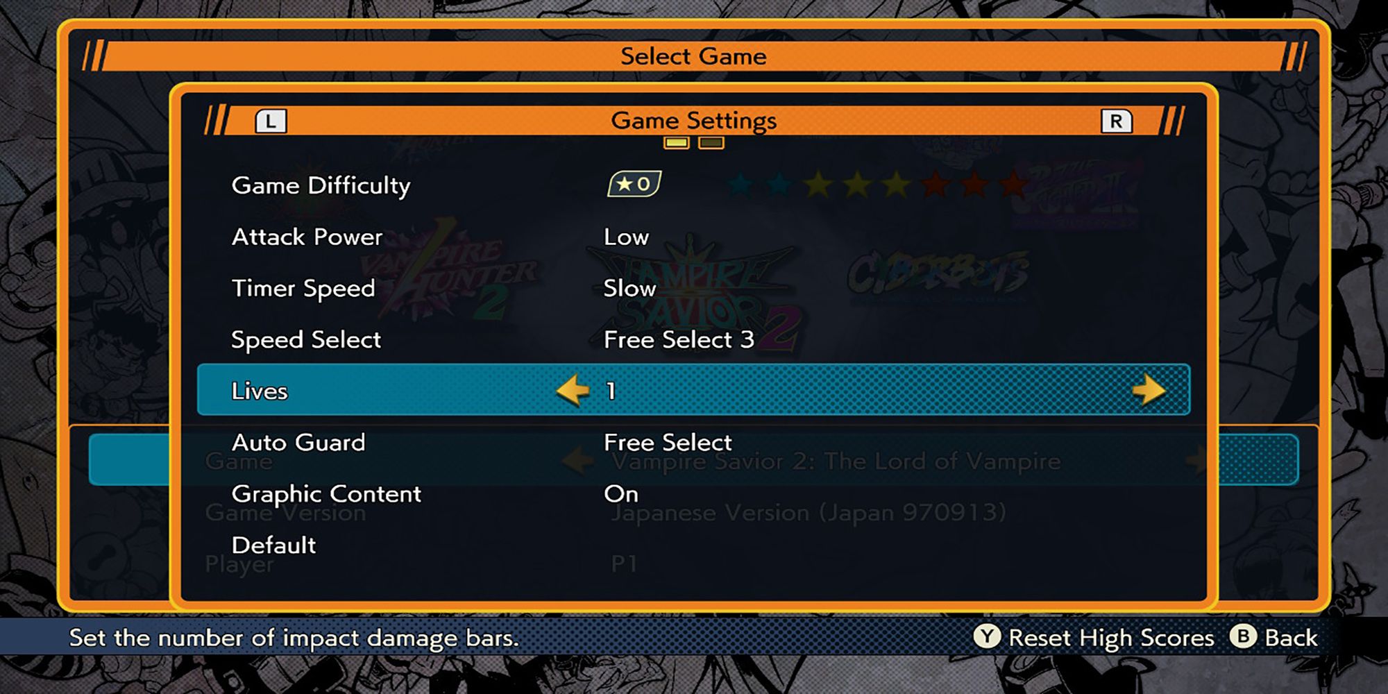 Adjusted game settings with lower difficulty, attack power, timer speed, and life stocks for Vampire Savior 2 in Capcom Fighting Collection.