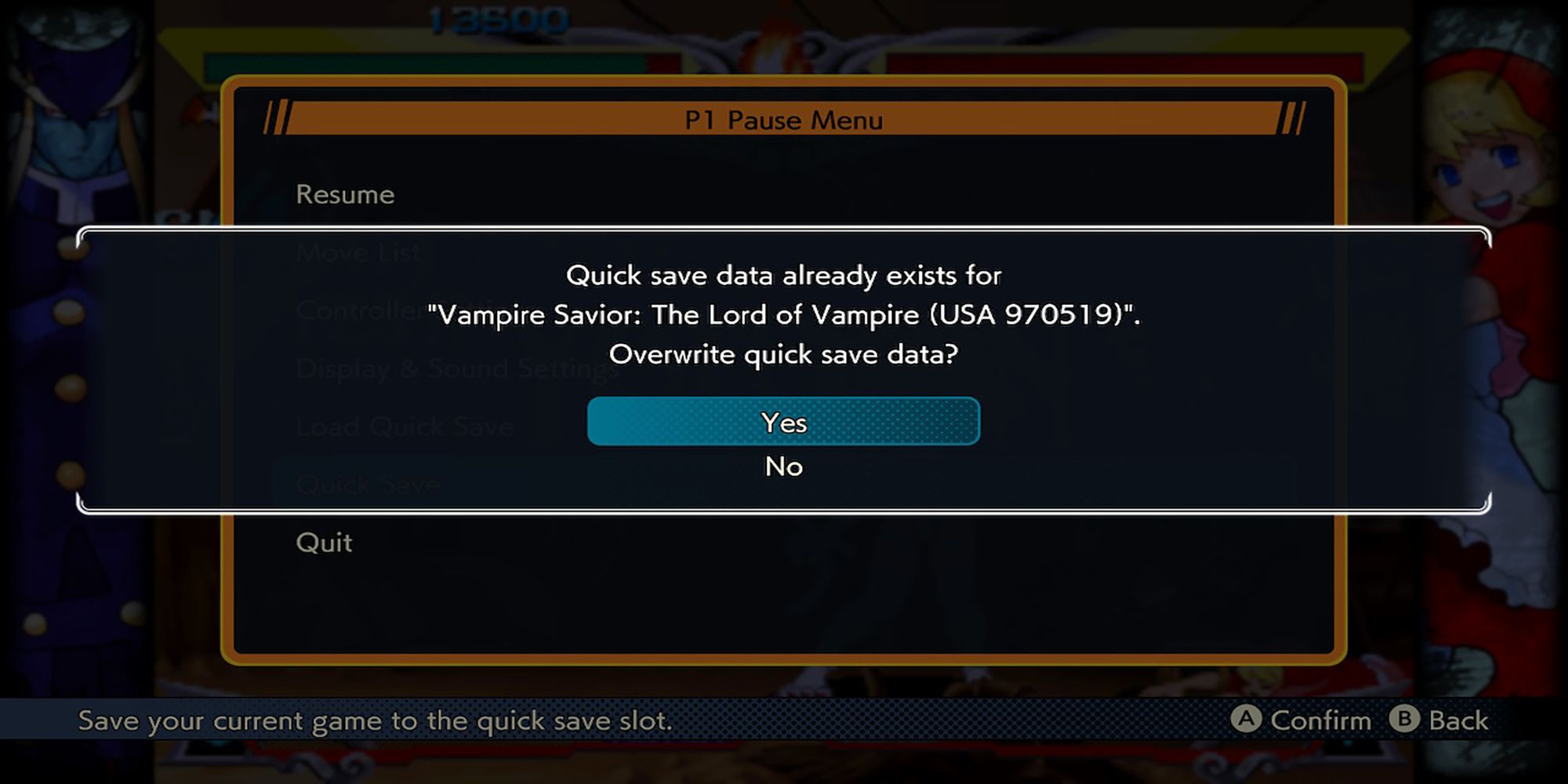 Capcom Fighting Collection asks the player if they wish to overwrite their Vampire Savior quick save data.