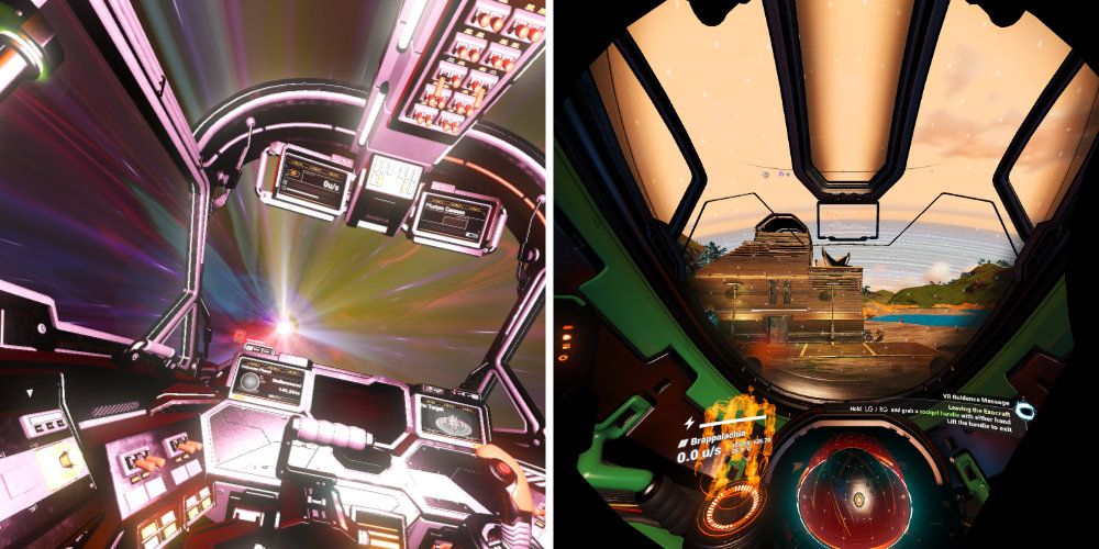 Split image inside the cabin of two different sci-fi vehicles