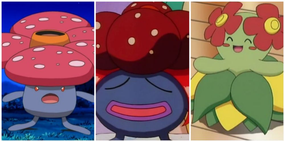 Split image screenshots of Vileplume, Gloom and Bellossom in the Pokemon anime.