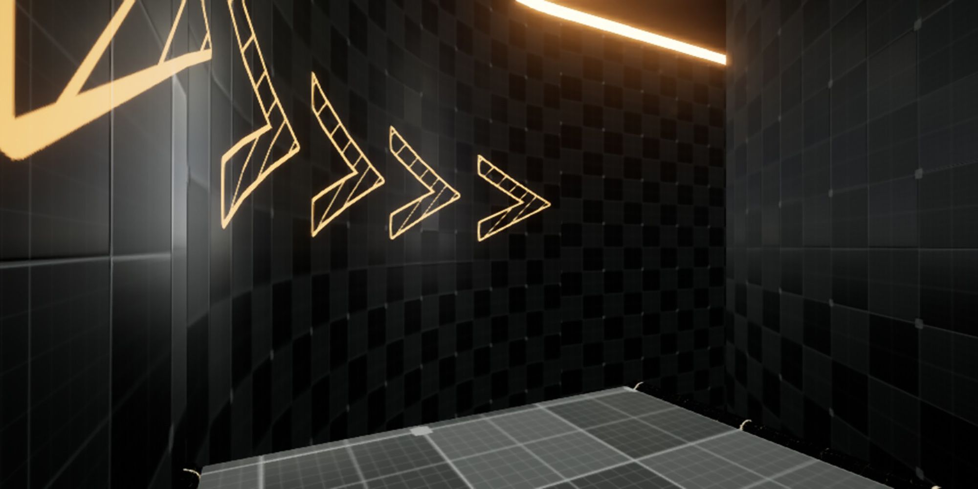 Glowing orange arrows indicate a wall run in a black-tiled stage in Inertia Redux.