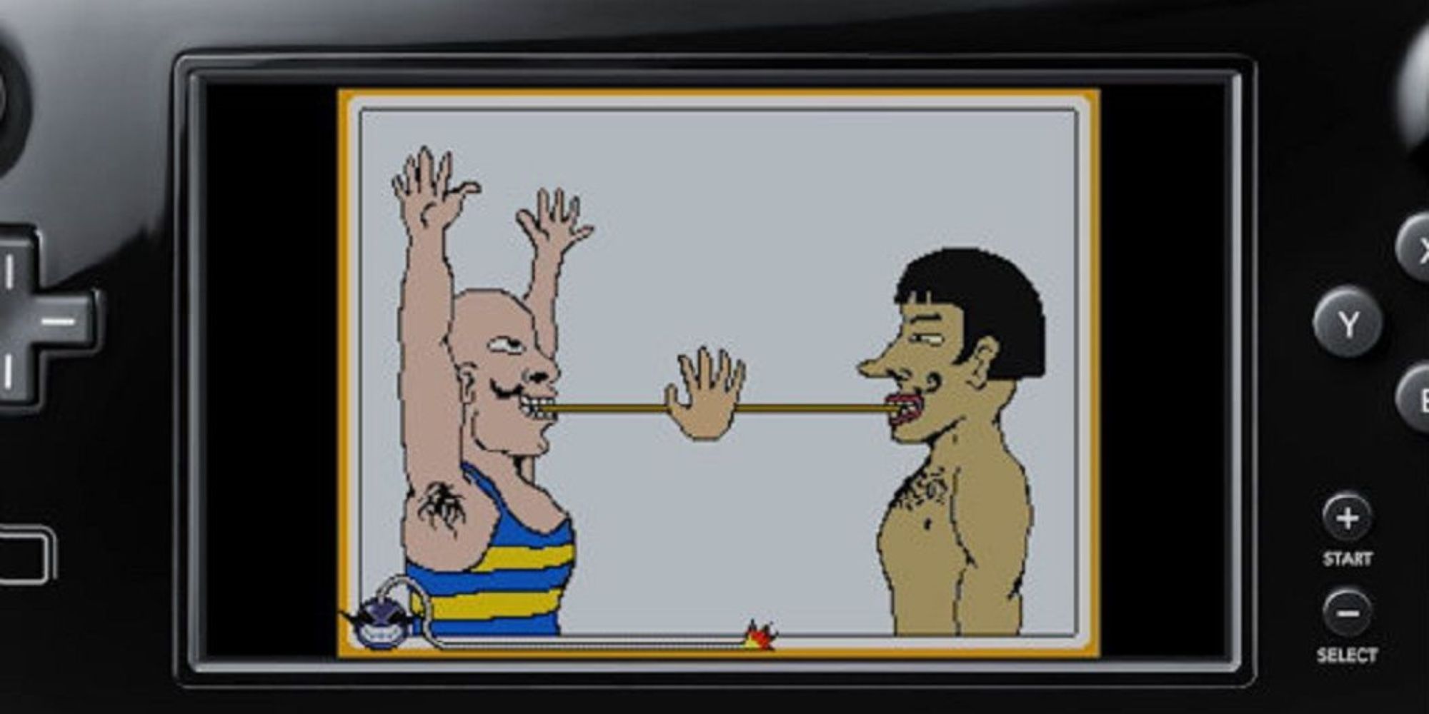 Two men bite on an elastic band in a microgame