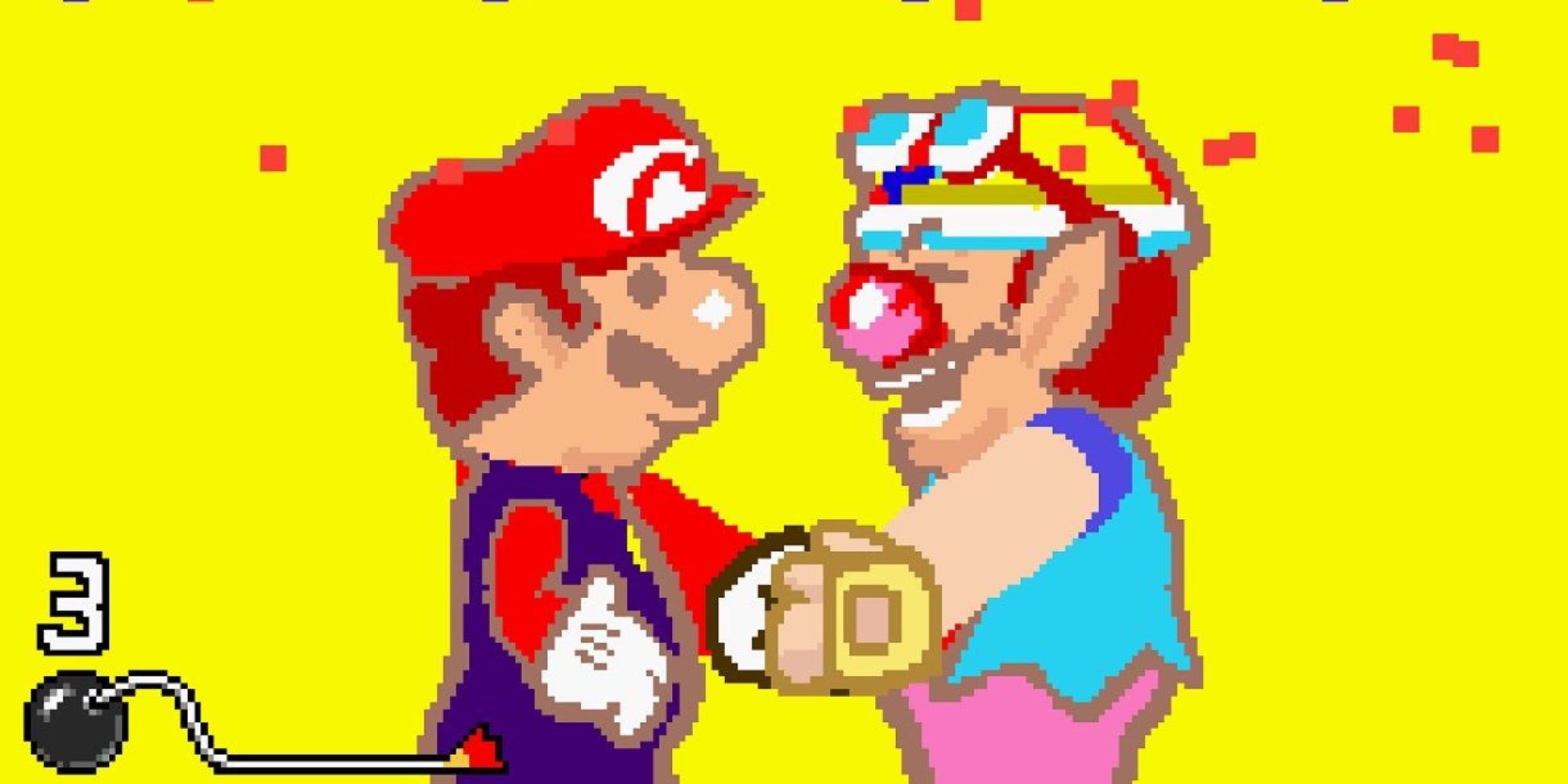 Wario and Mario shake hands in a microgame