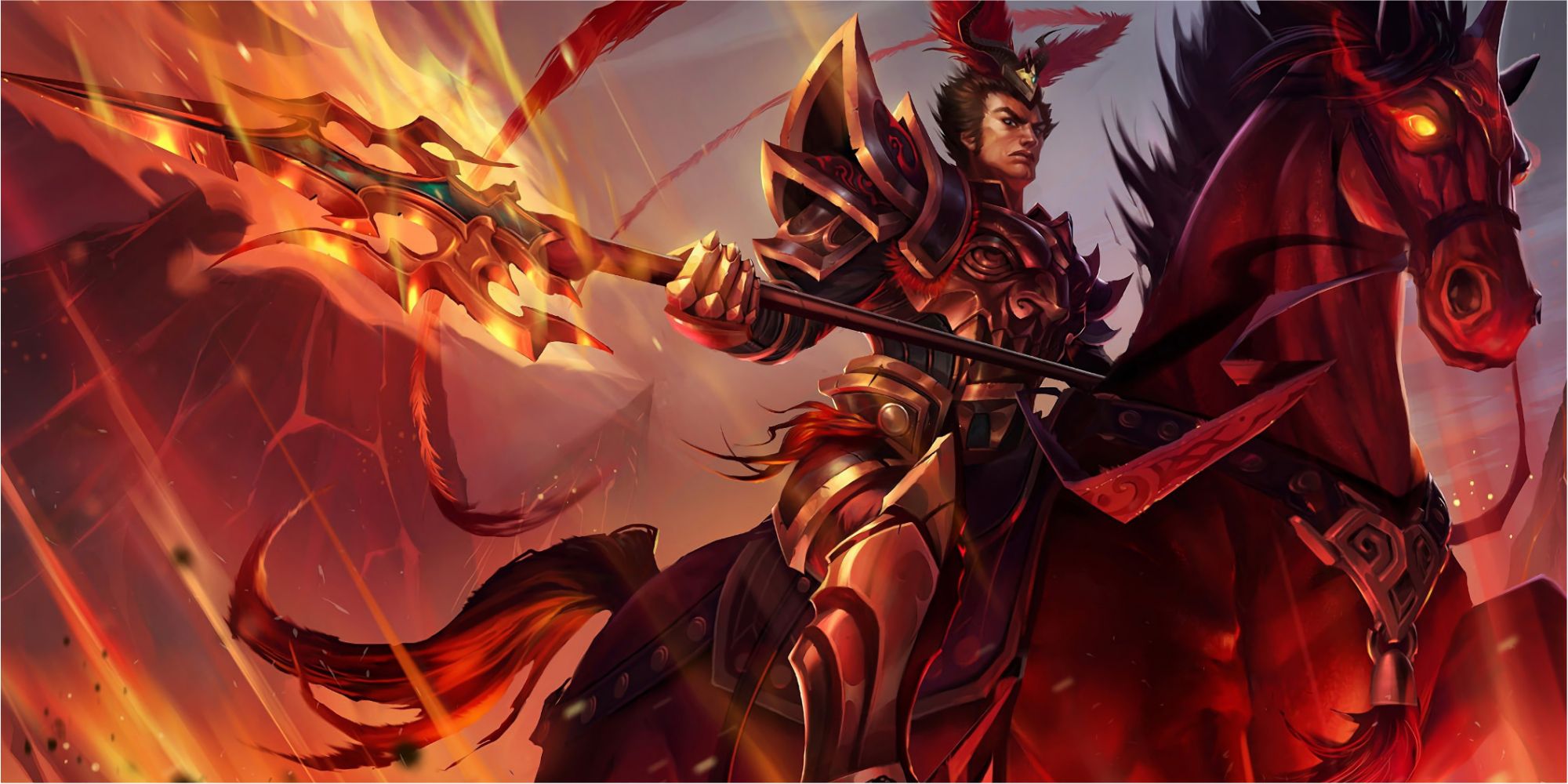 Warring Kingdoms Jarvan sitting atop a steed, an erupting volcano behind him as he stares down at us with contempt