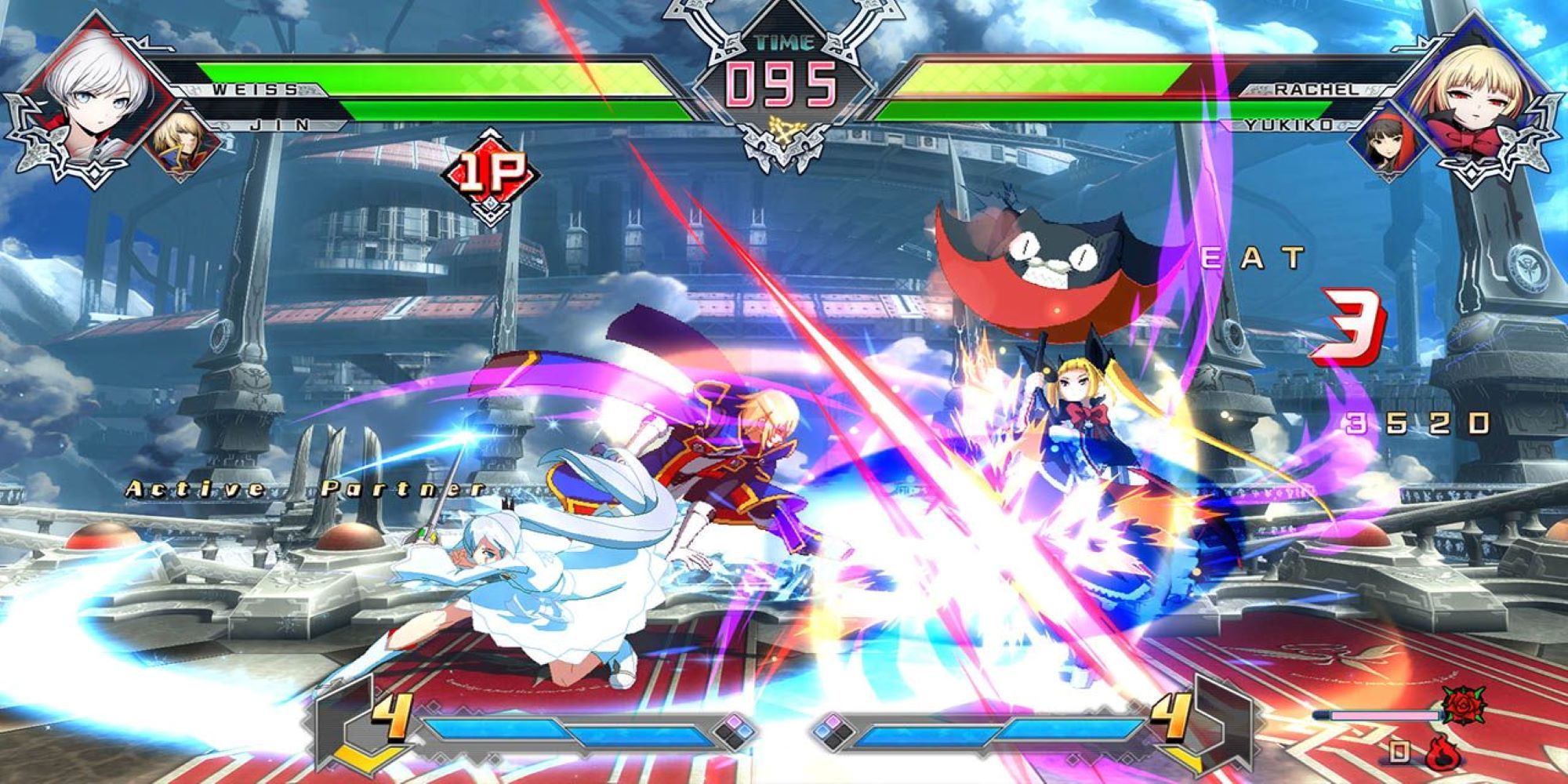 Weiss attacks Rachel with her tag in during a battle in front of a giant mystical building in Blazblue: Cross Tag Battle.