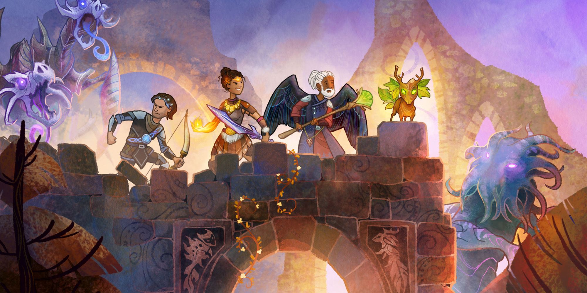 The main characters of Wildermyth on a stone bridge, creatures surrounding them.