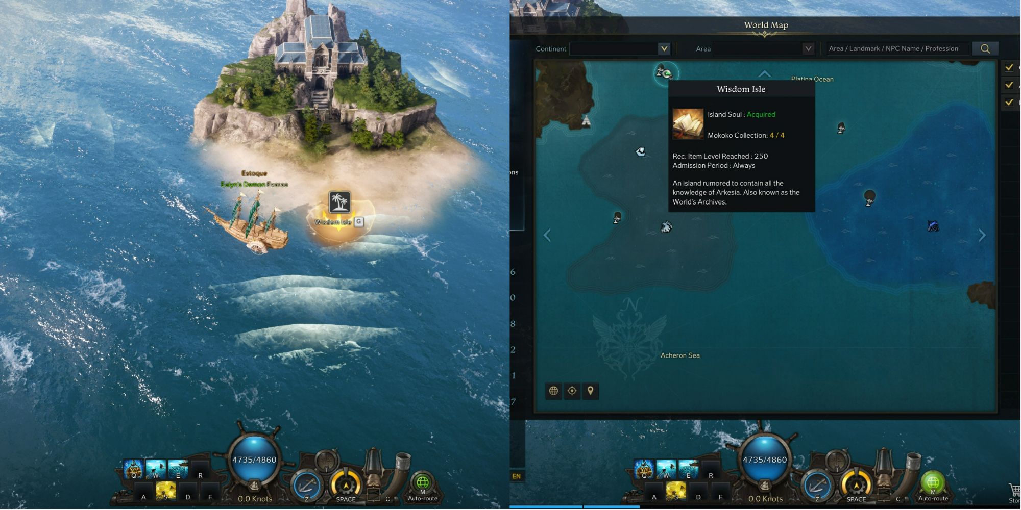 Lost Ark split image of Wisdom Isle location in open seas and on map