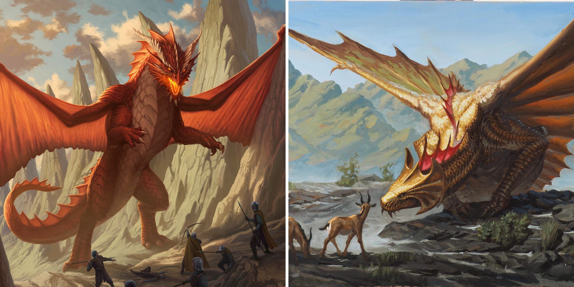red dragon attacks adventurers against brass dragon meets deer