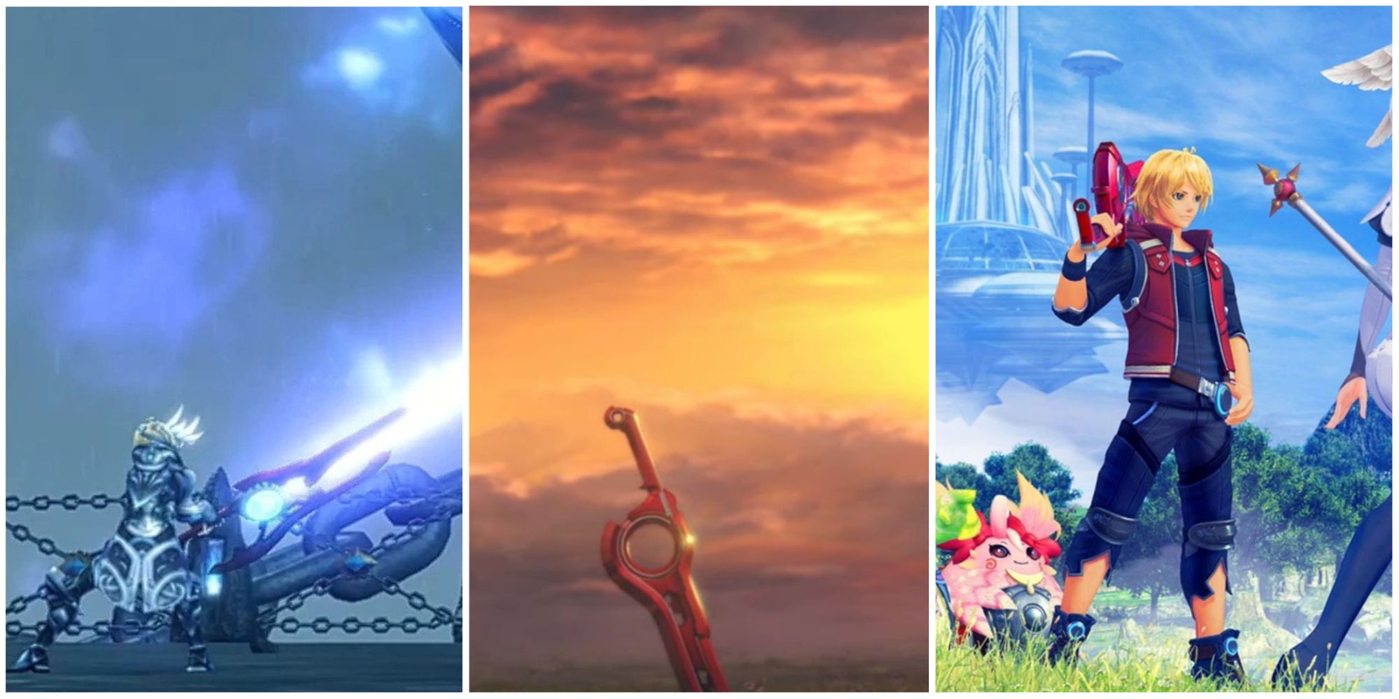 Shulk wielding the Monado II, the original Monado in the ground by the sunset, Shulk holding the Monado Replica EX on his shoulder beside others, left to right