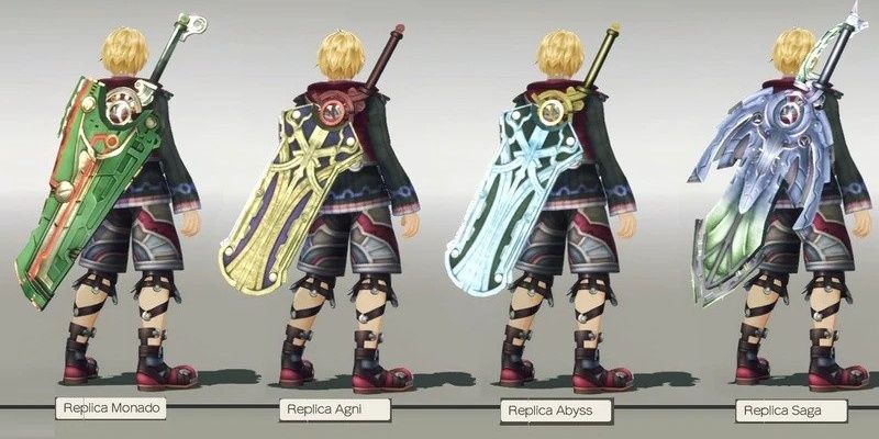 Four of the Replica Monado shown on Shulk's back in the in-game model viewer