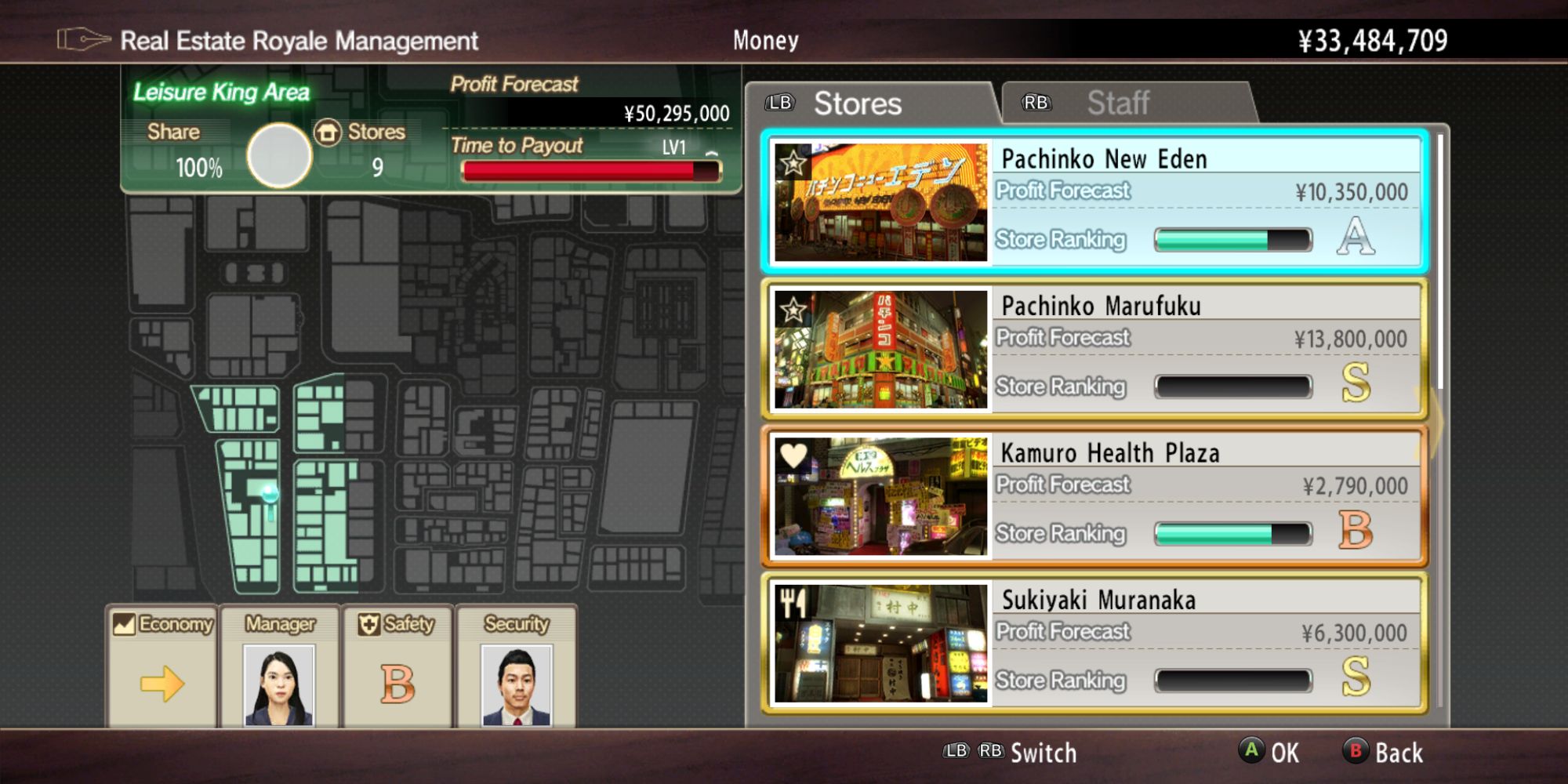 Yakuza 0 Screenshot Showing A List Of Leisure King Area Stores