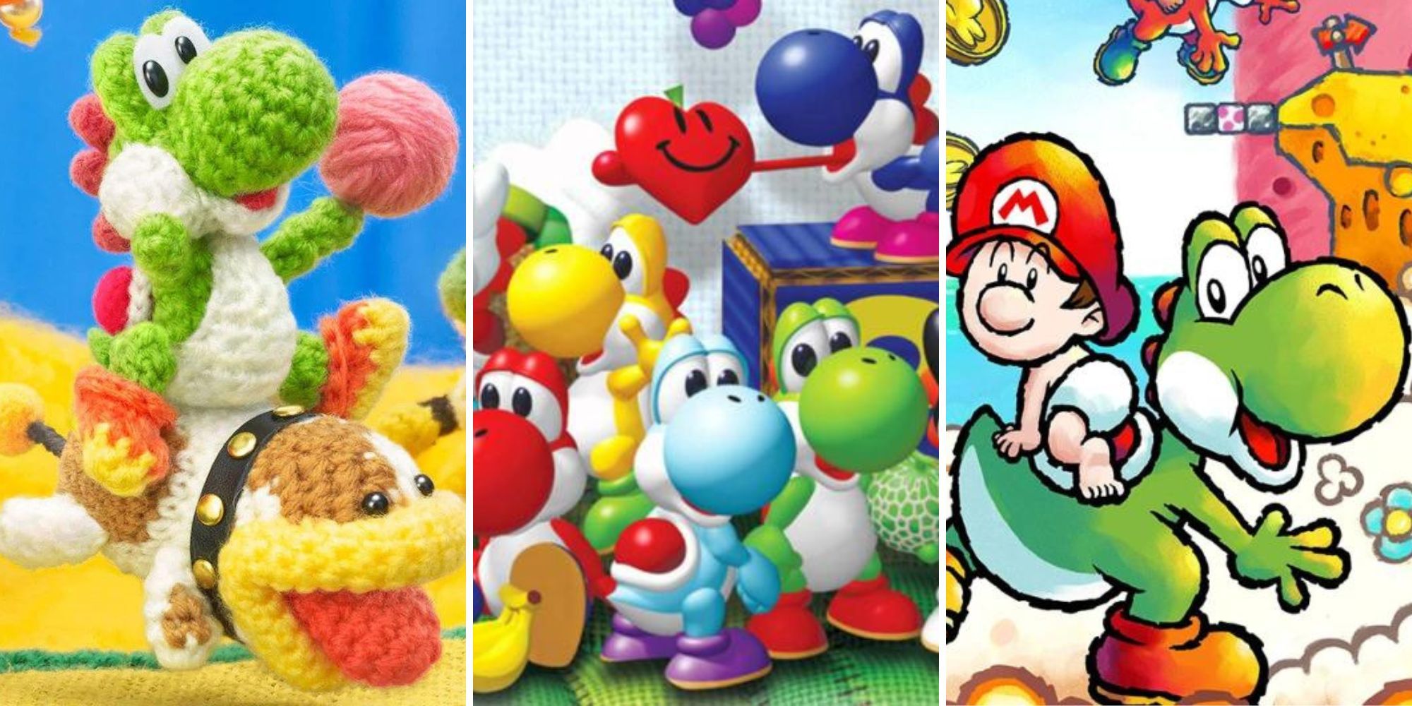 Yoshi rides Poochy, Colorful Yoshi's stand around, Yoshi with Baby Mario on his back