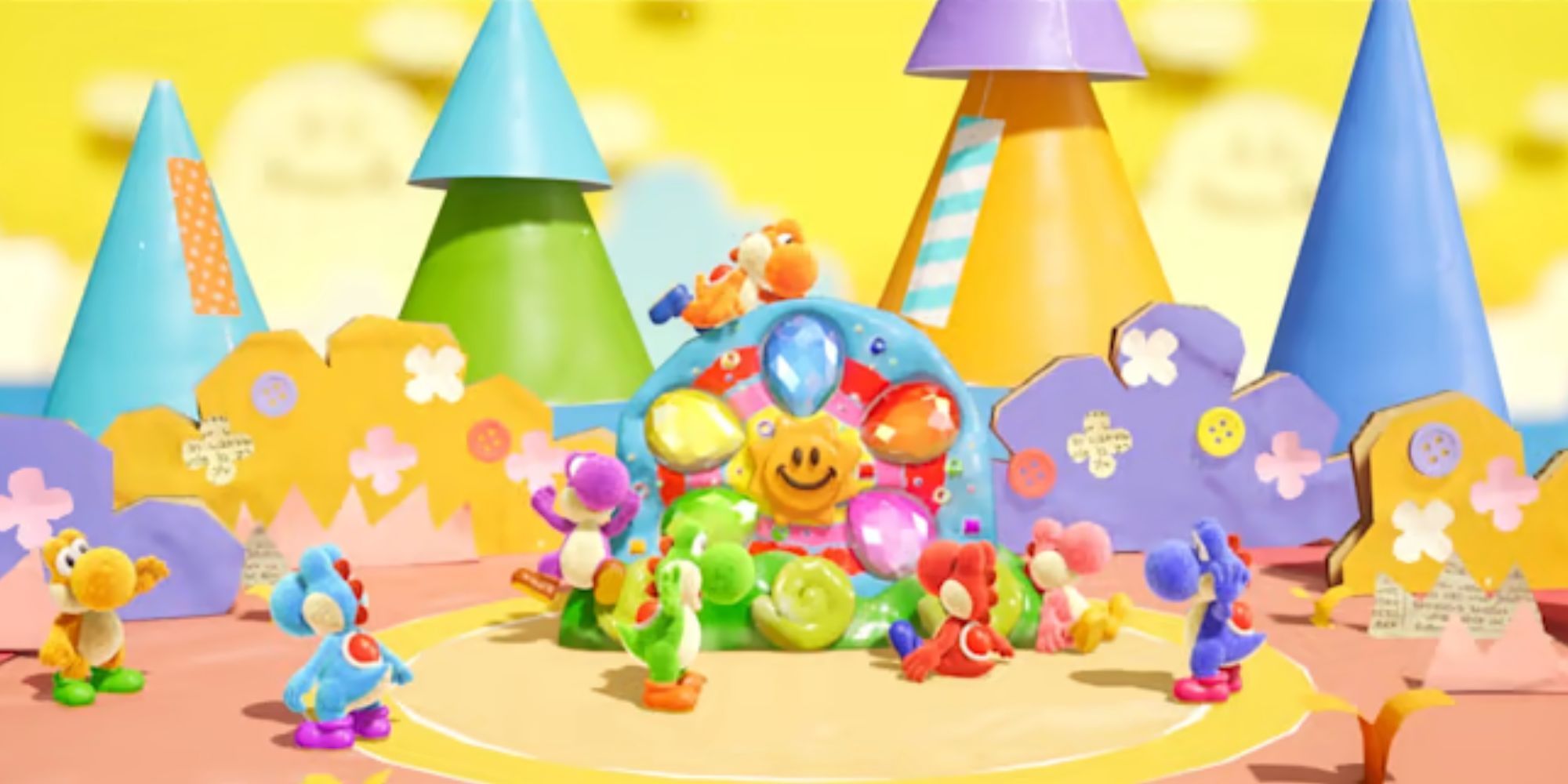 A group of Yoshi's stand around Sundream Stone