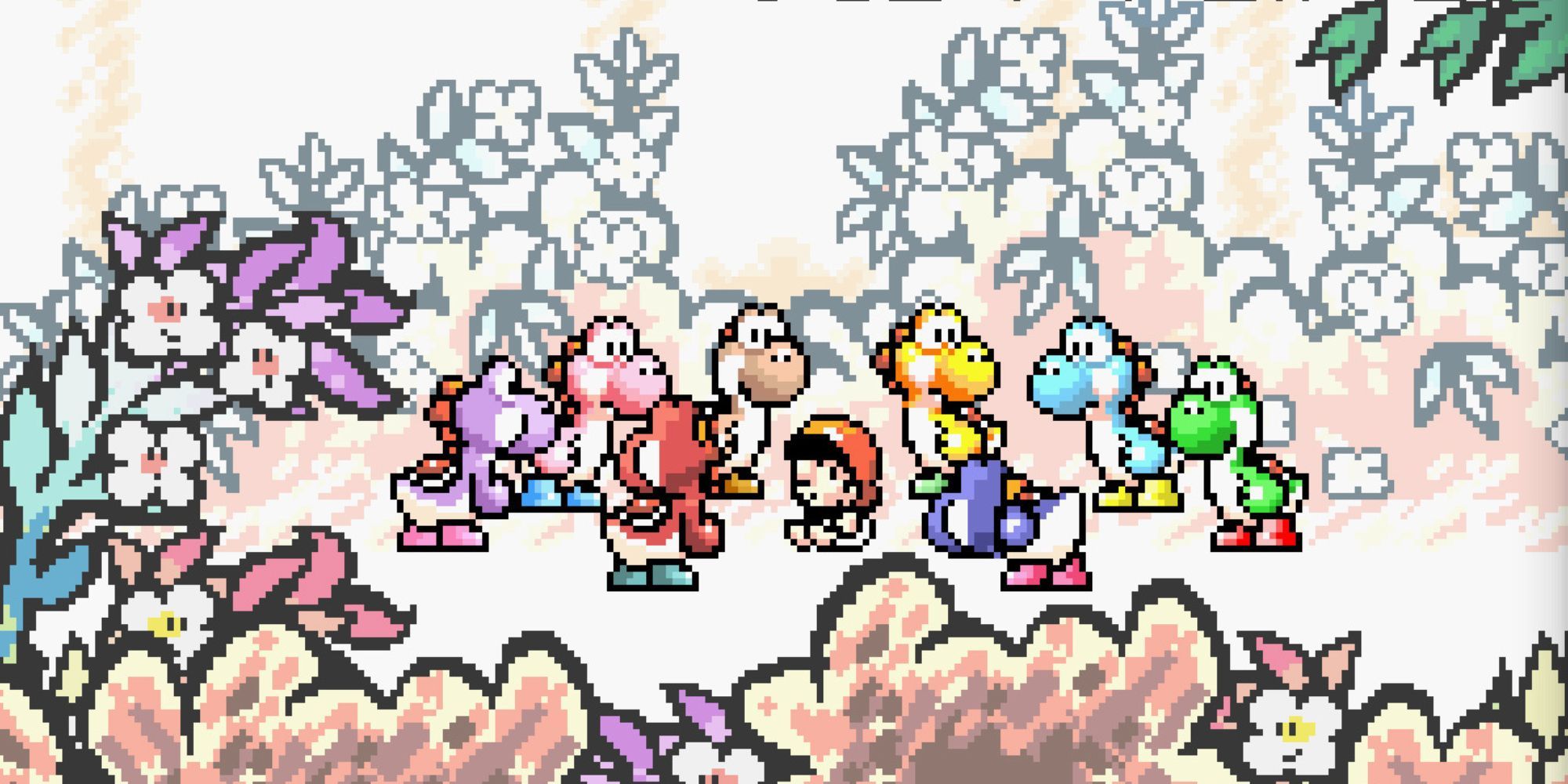 A group of colorful Yoshi's stand around Baby Mario in a forest