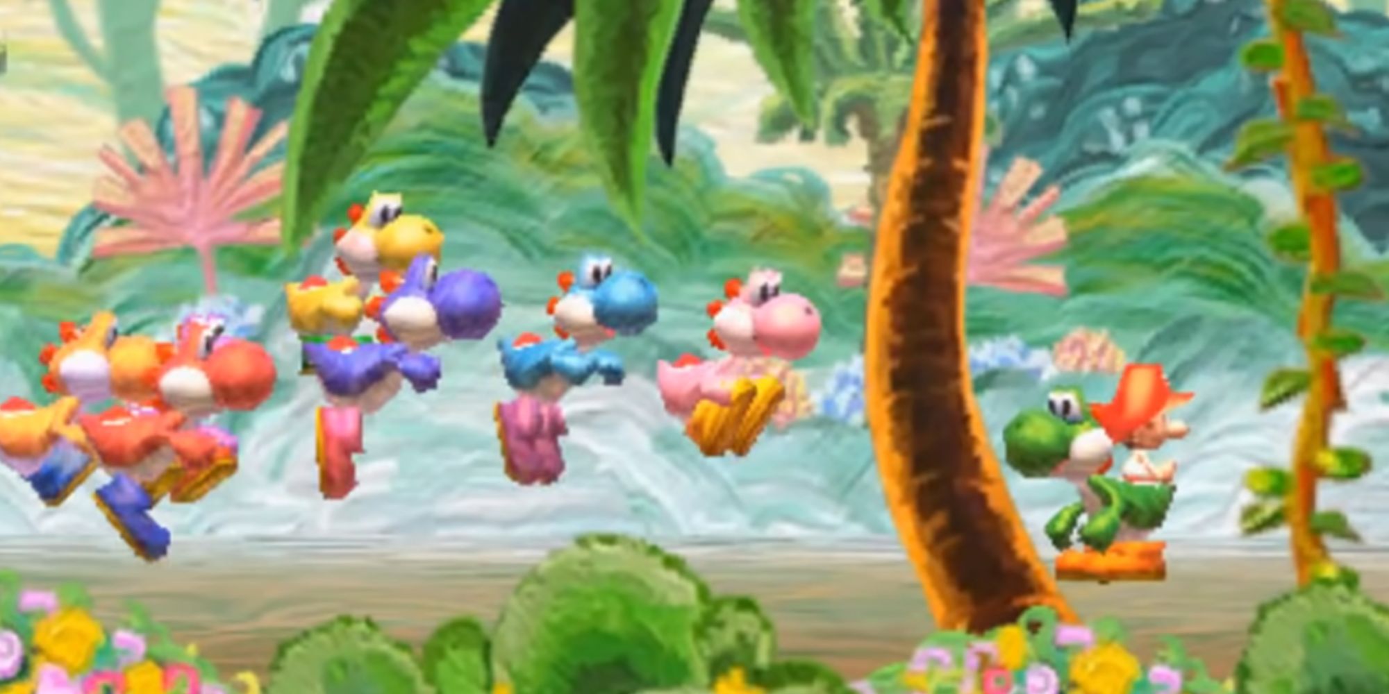 Green Yoshi with Baby Mario while other Yoshi's jump in the jungle