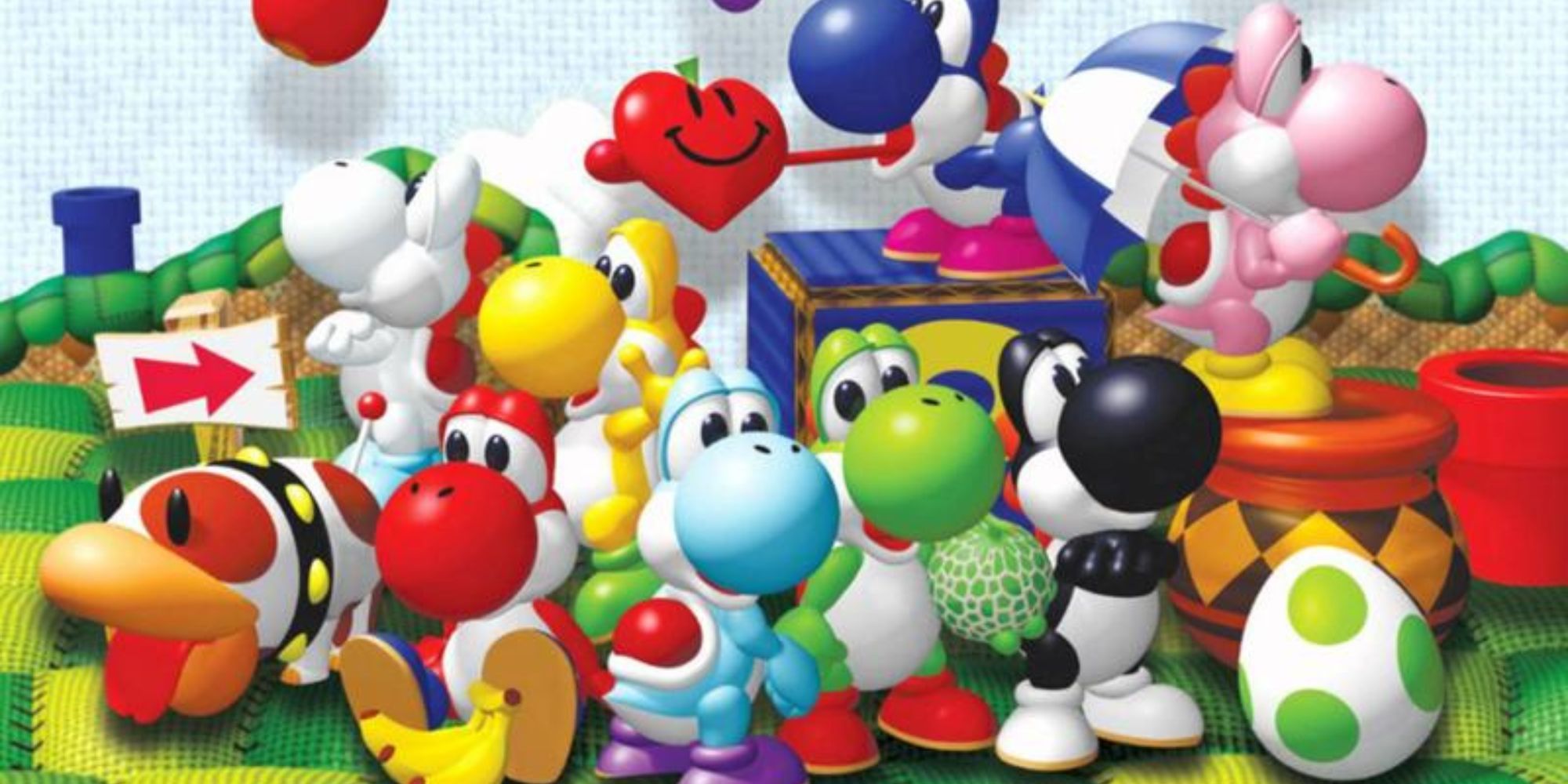 A group of colorful Yoshi's and Poochy stand on the island