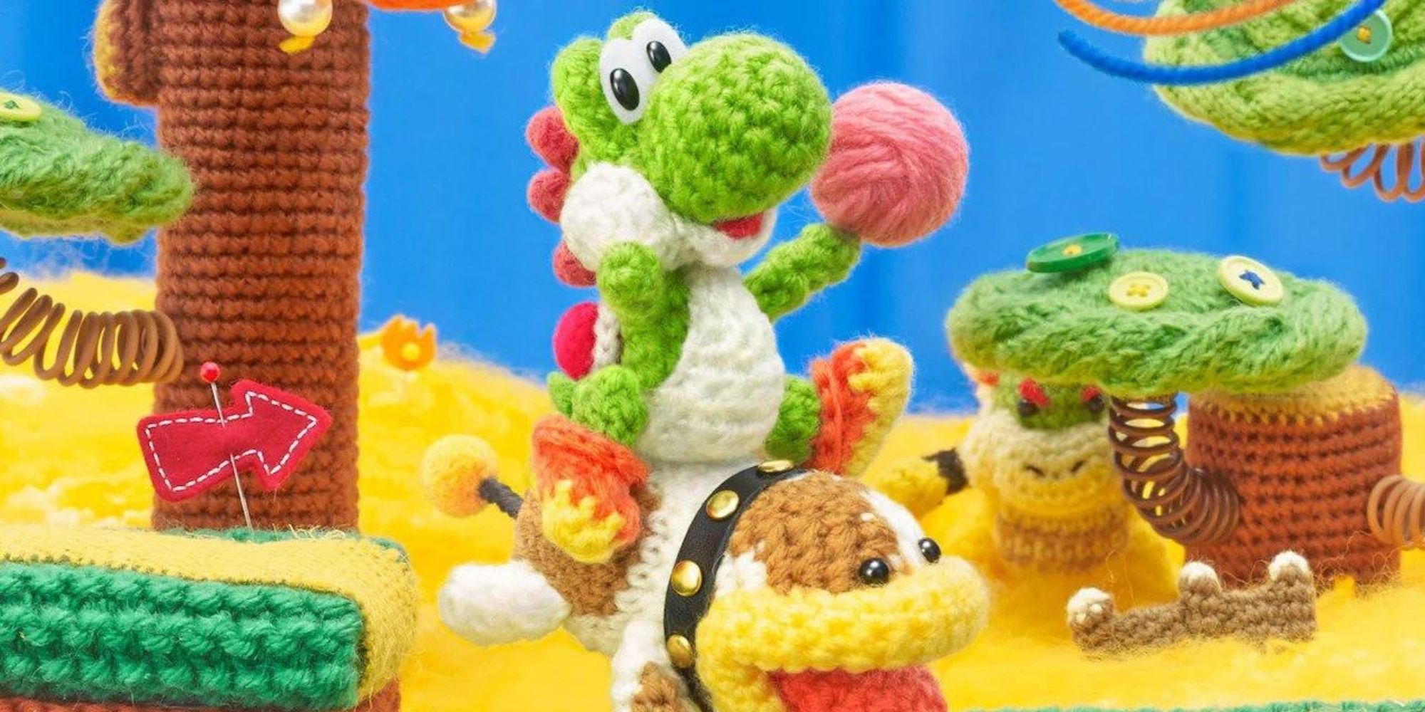 Yoshi rides Poochy through the desert while Bower Jr. stands behind a tree