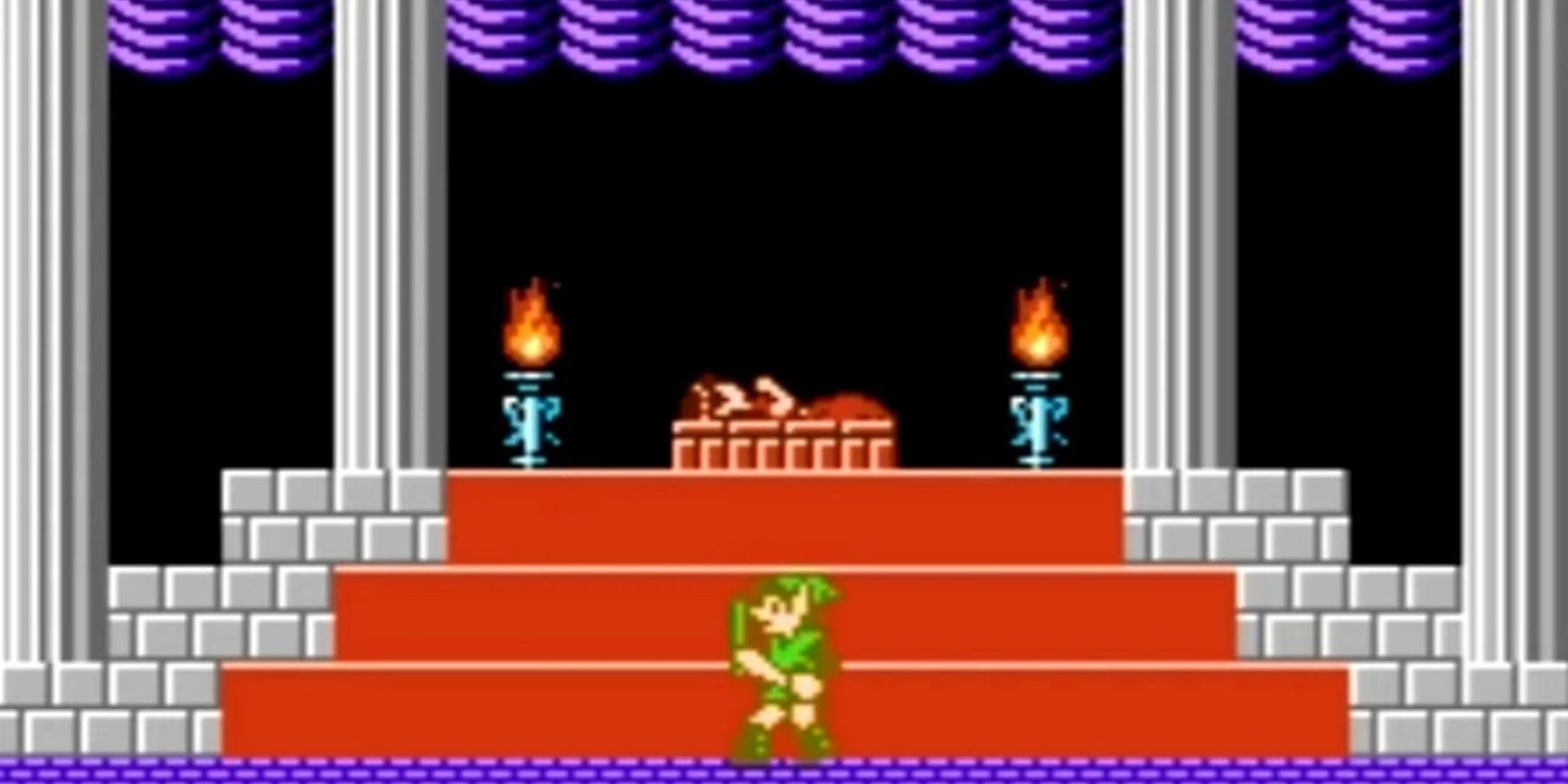 Link stands by Zelda's bed in her castle