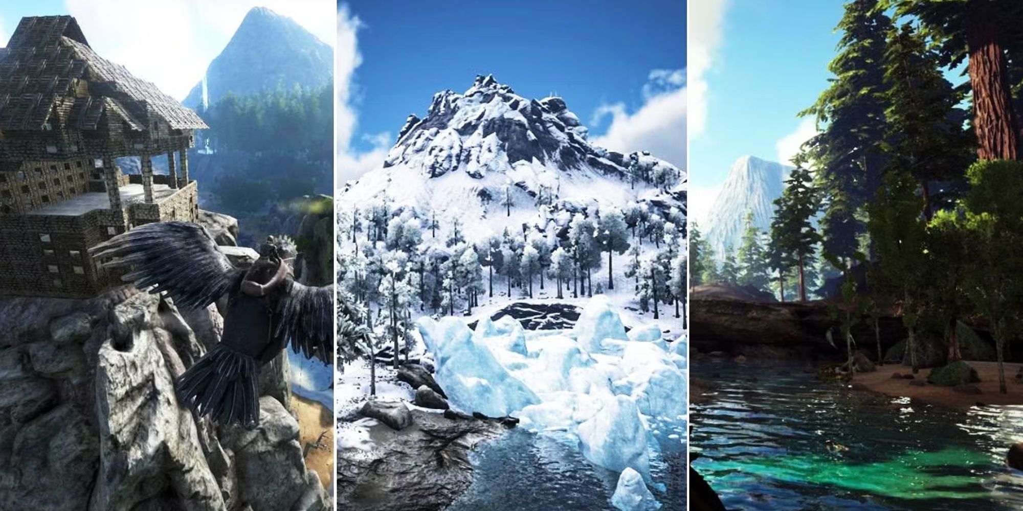 split image with three locations in ark survival evolved