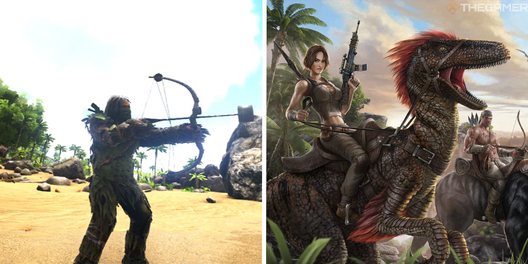 image of player holding a bow and arrow next to promotional art for ark survival evolved