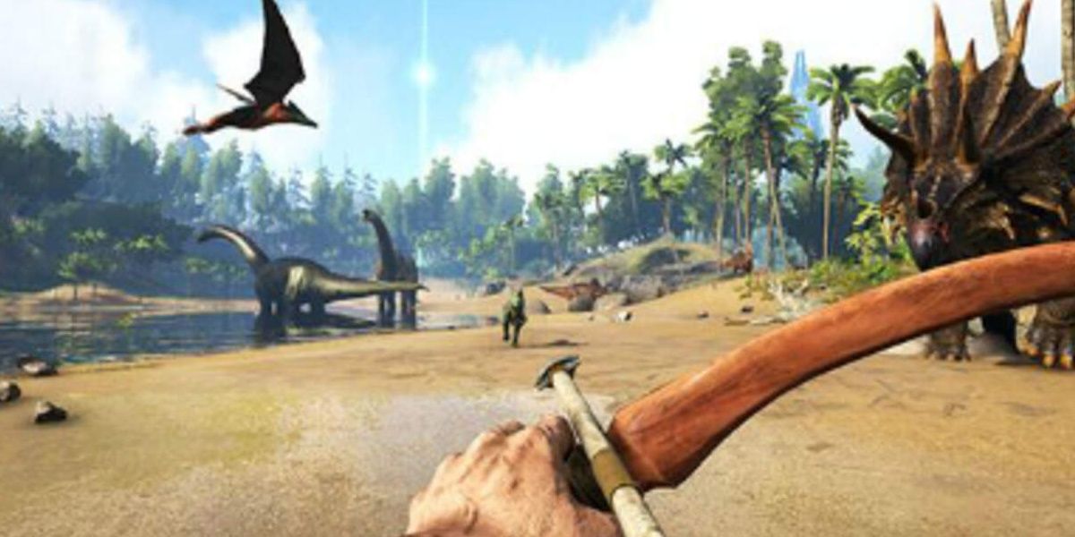 Player aiming bow at dinosaur 