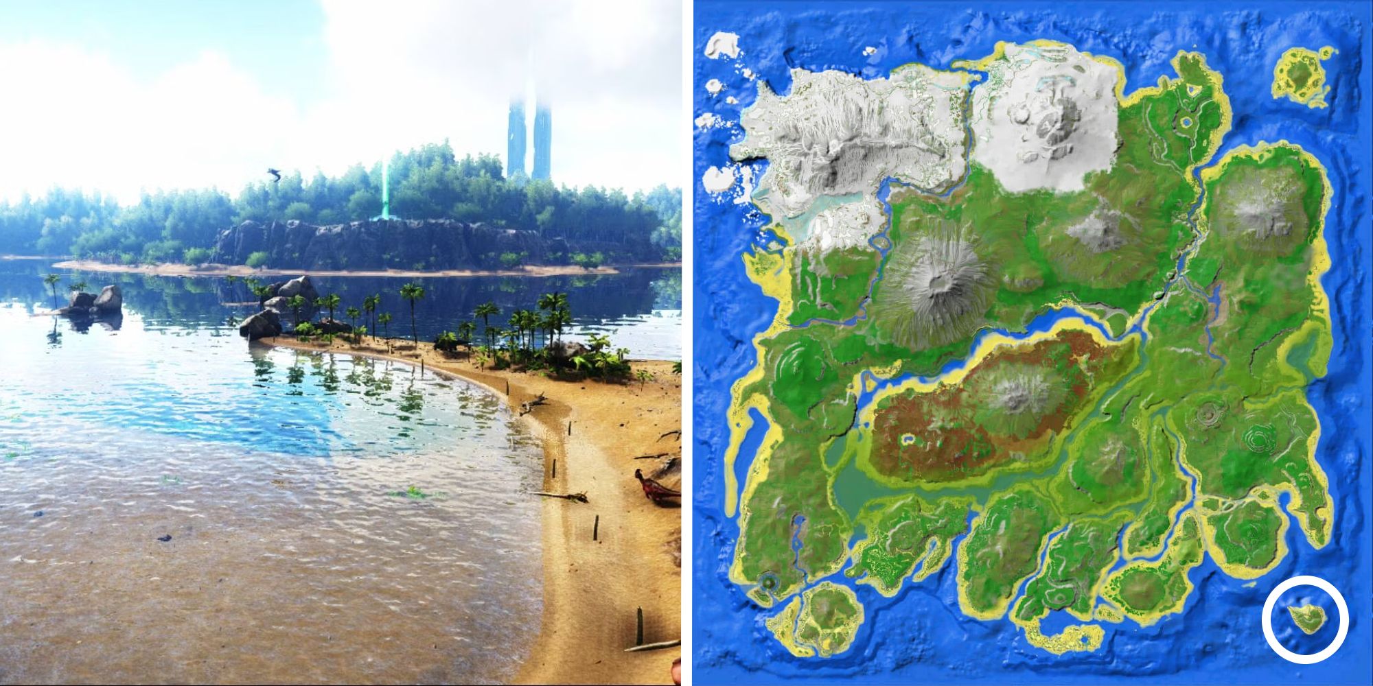 aerial of herbivore island next to image of location on map