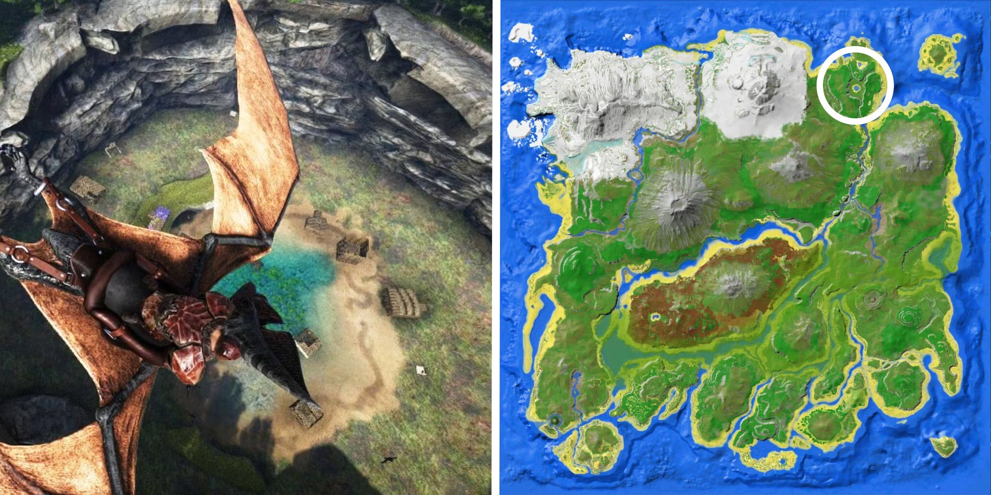 image of player flying over the hidden lake next to image of location on map