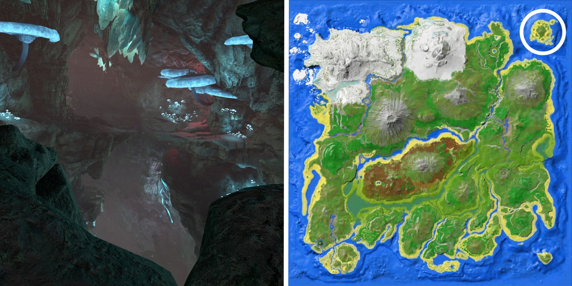 image of north east cave next to image of location on map