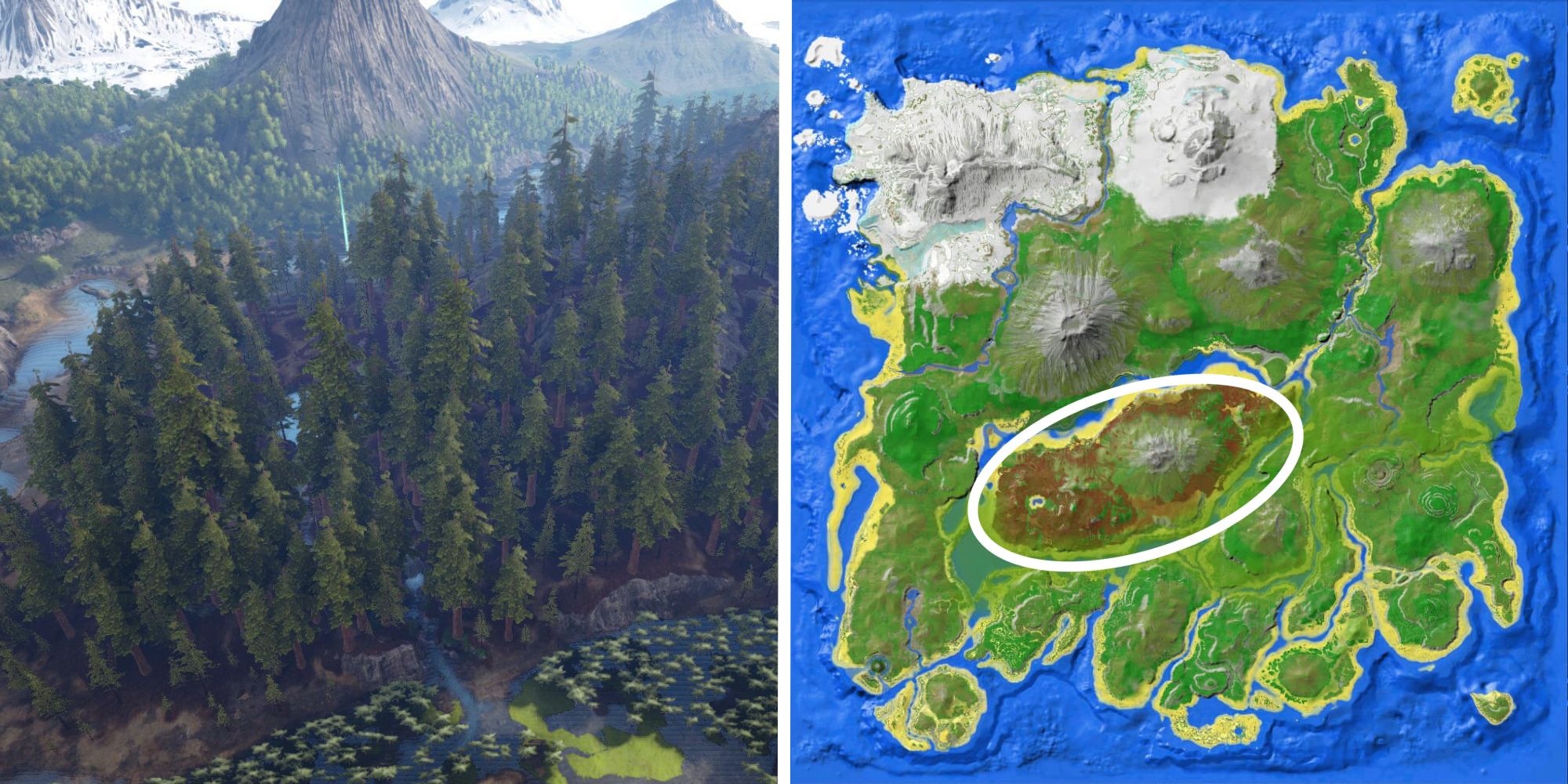 aerial of redwood forest next to image of location on map