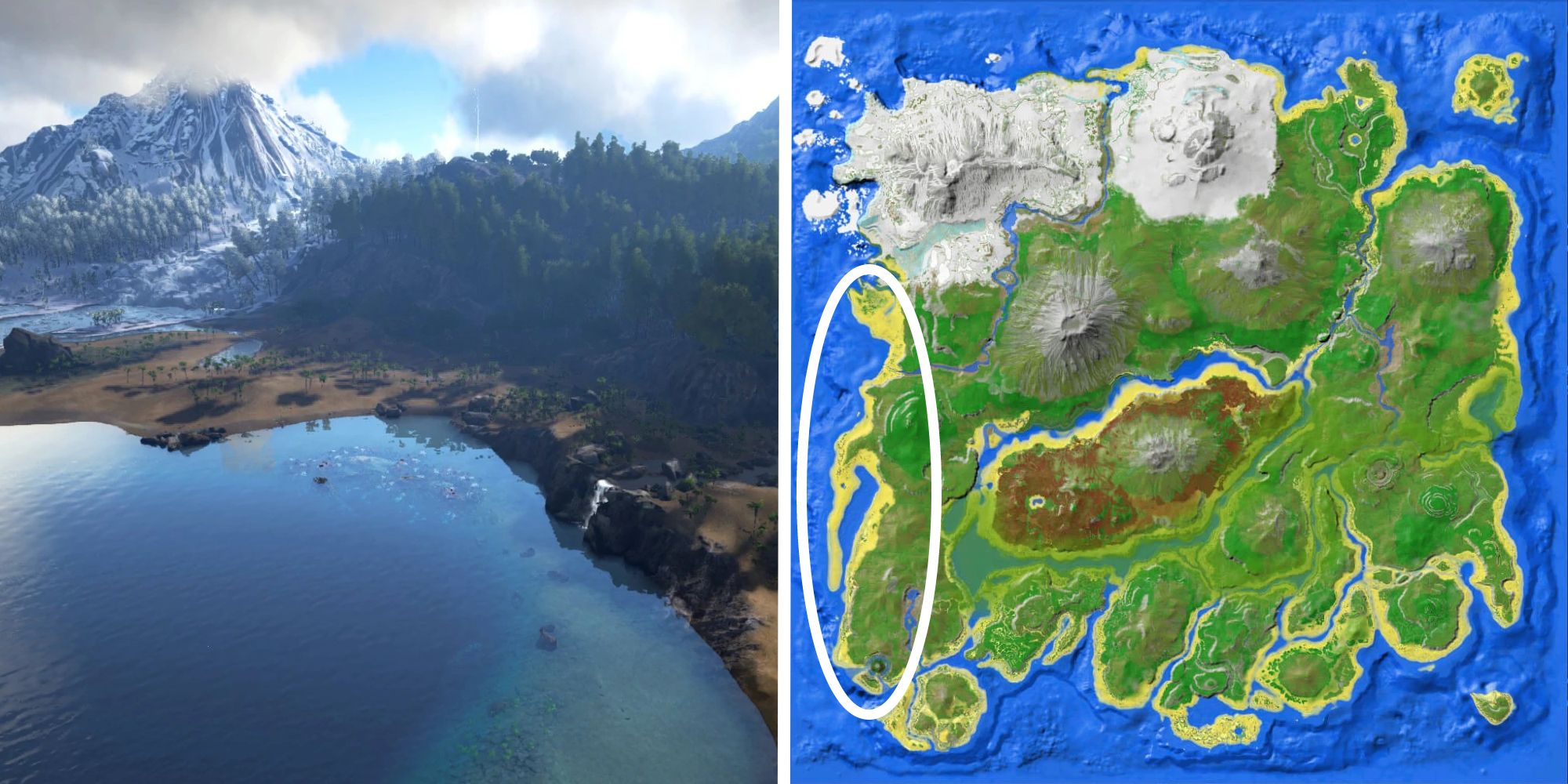 aerial of western coast next to image of location on map